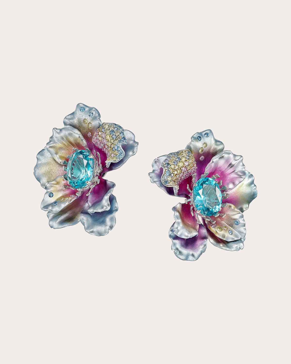 Pink & Yellow Sapphire Iris Poppy Stud Earrings