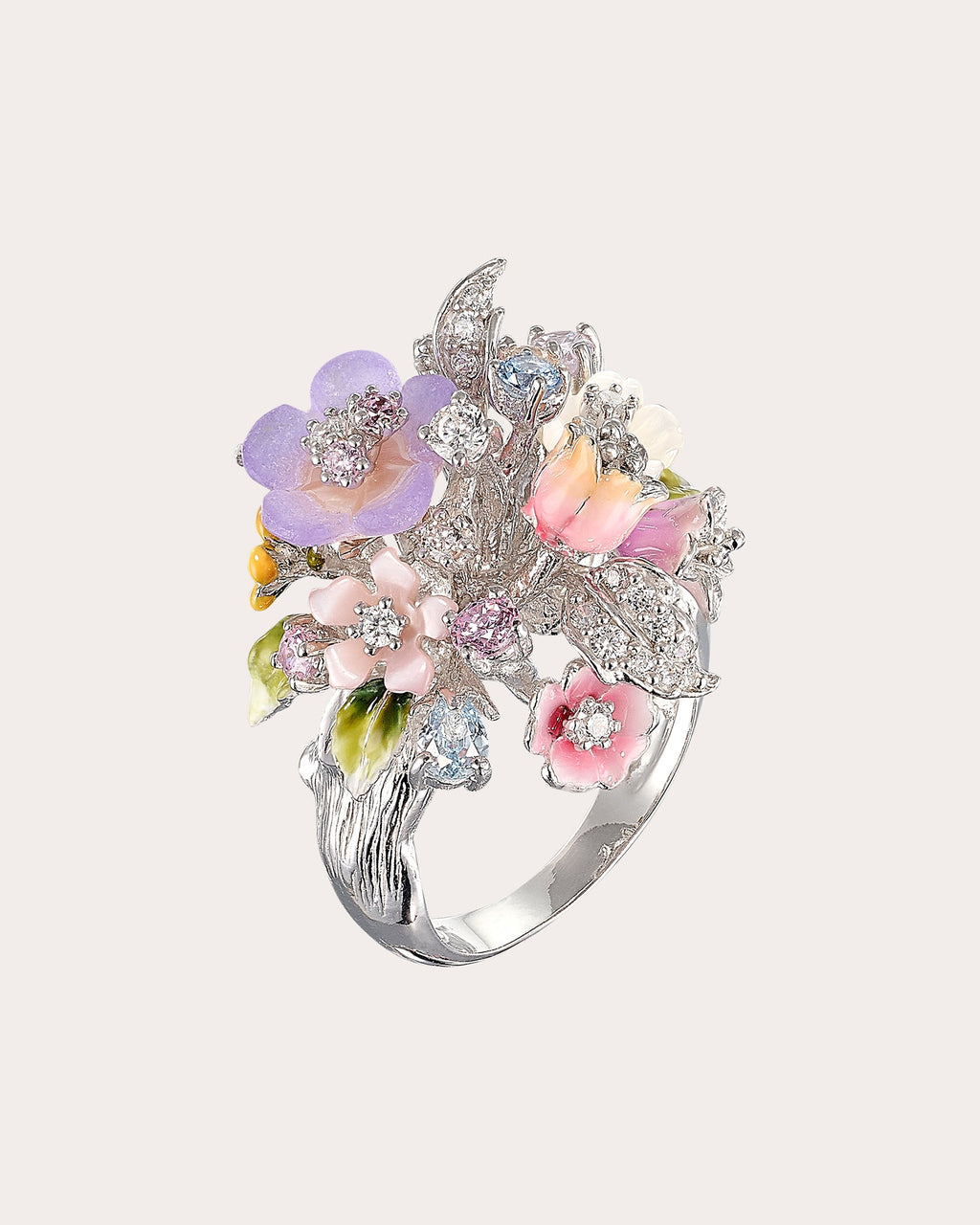 Diamond & Mother of Pearl Lavender Primrose Bouquet Ring
