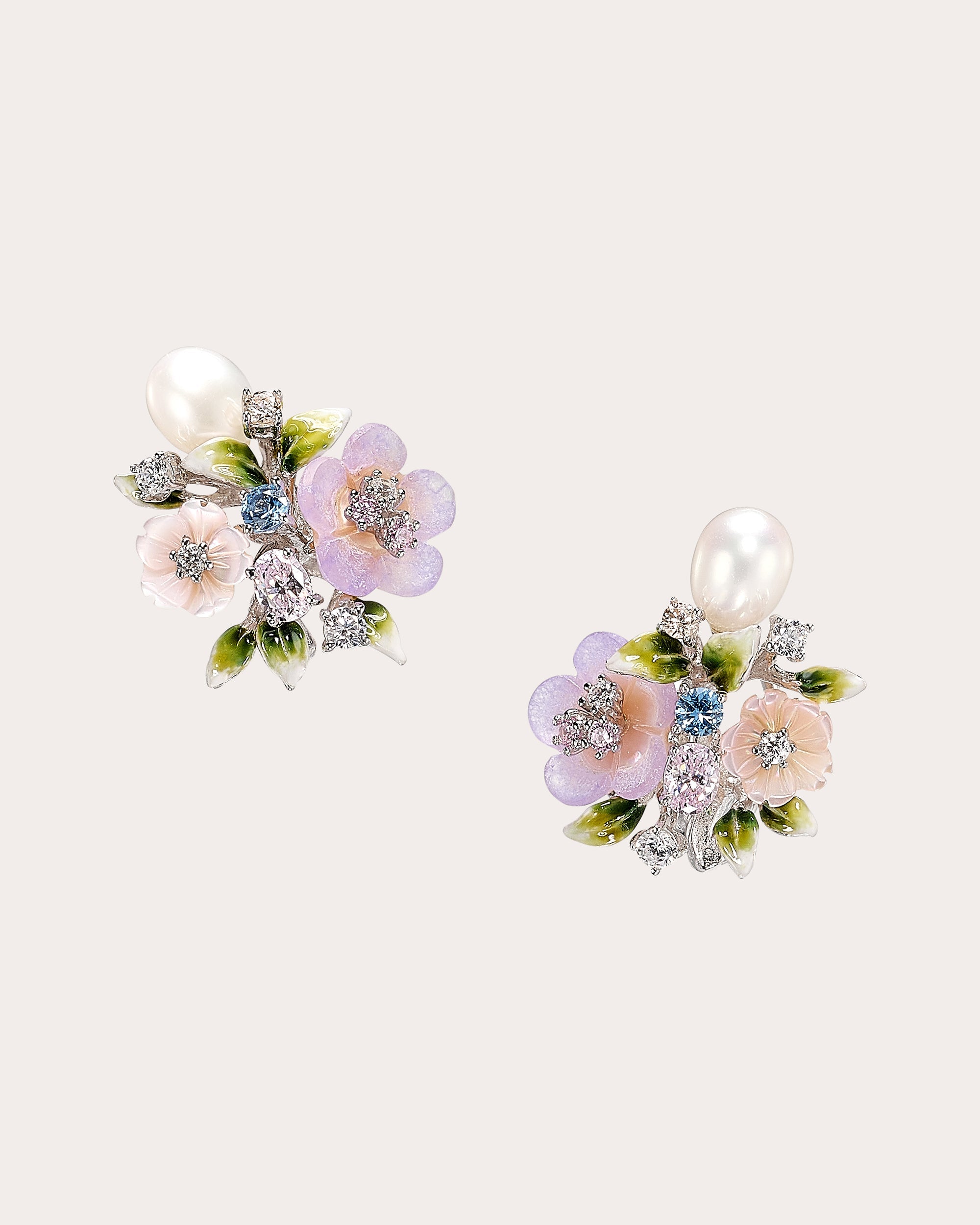 Diamond & Mother of Pearl Lavender Primrose Vine Stud Earrings