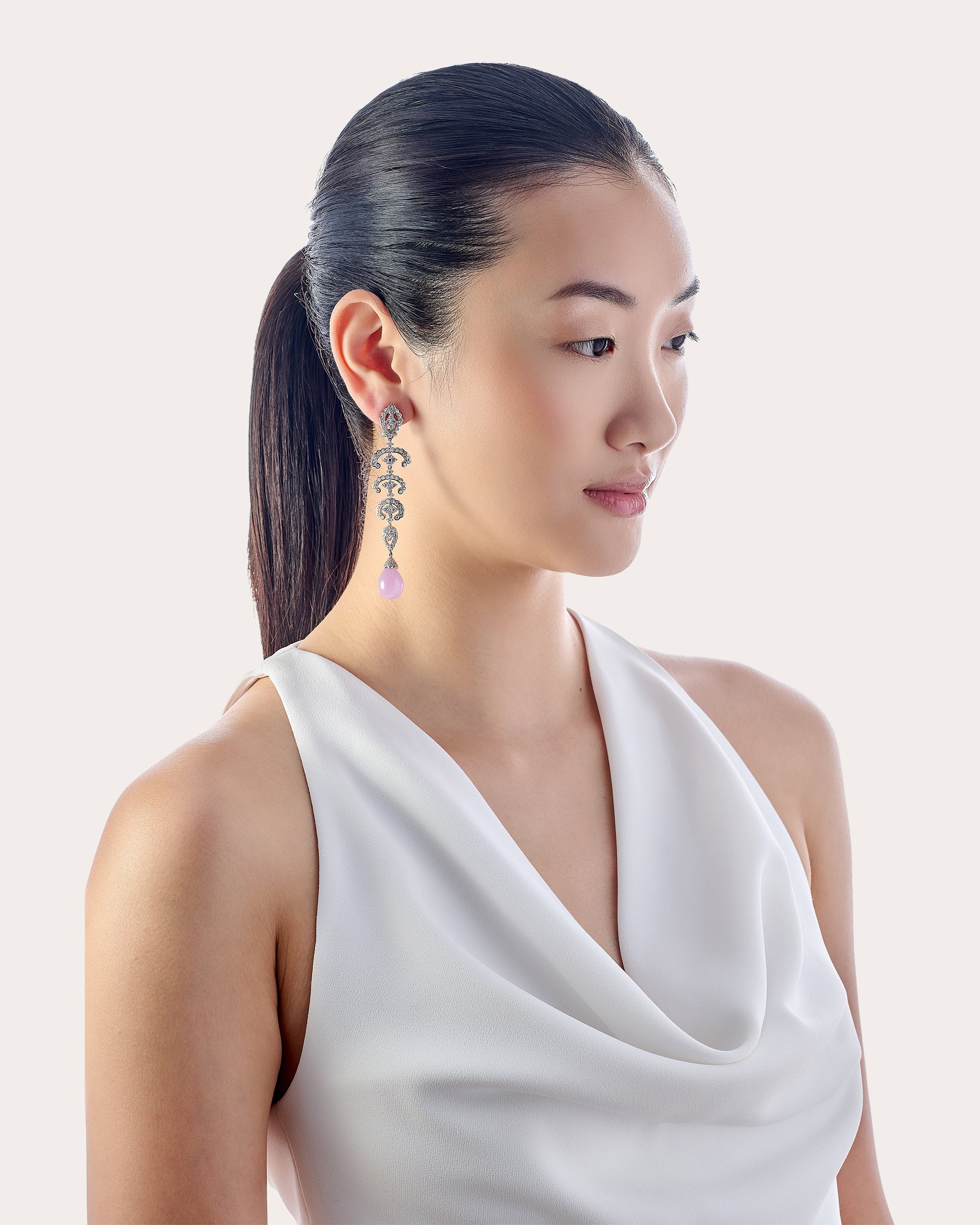 Diamond & Lavender Kunzite Scallop Lace Drop Earrings