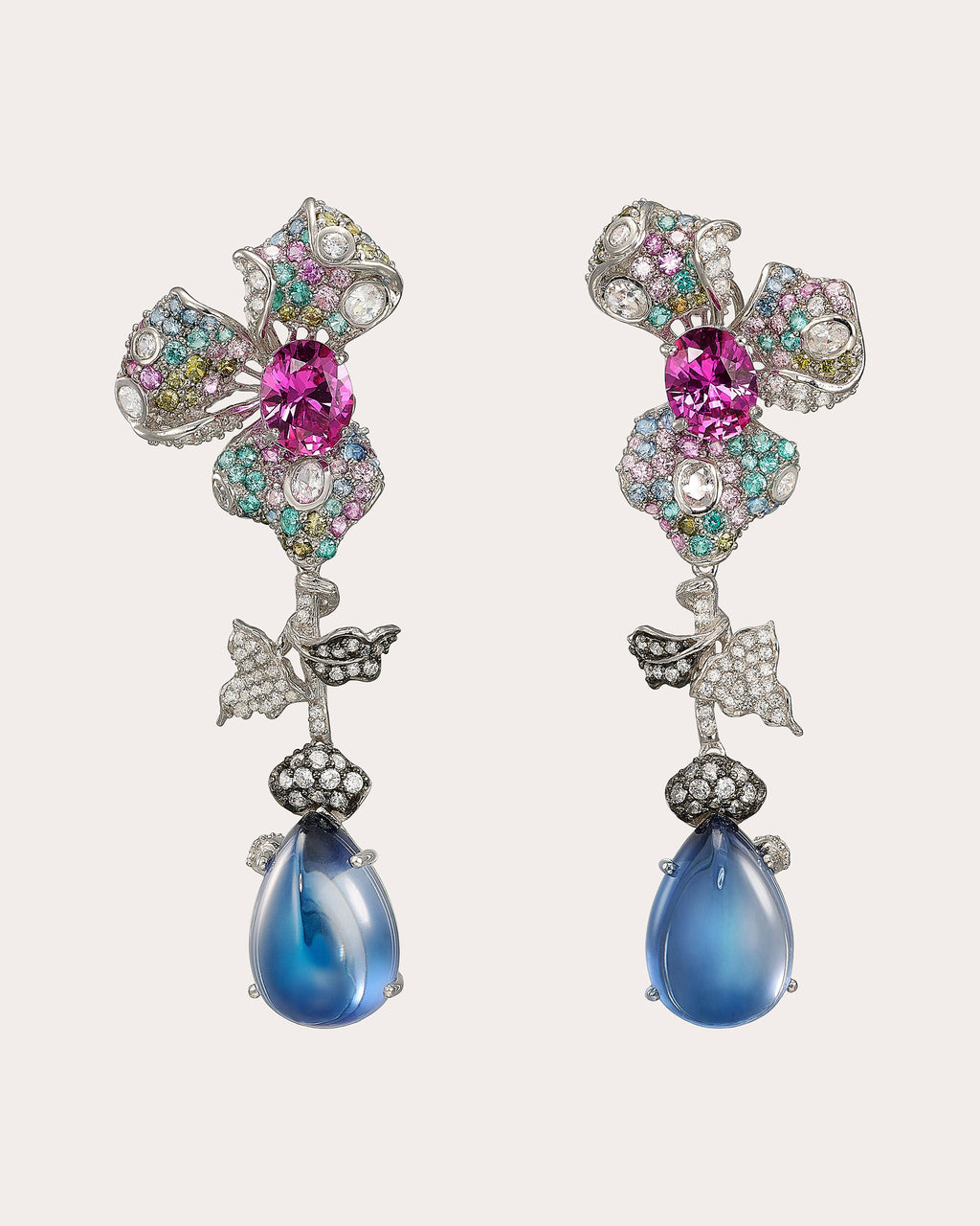 Diamond & Gemstone Magenta Orchid Drop Earrings