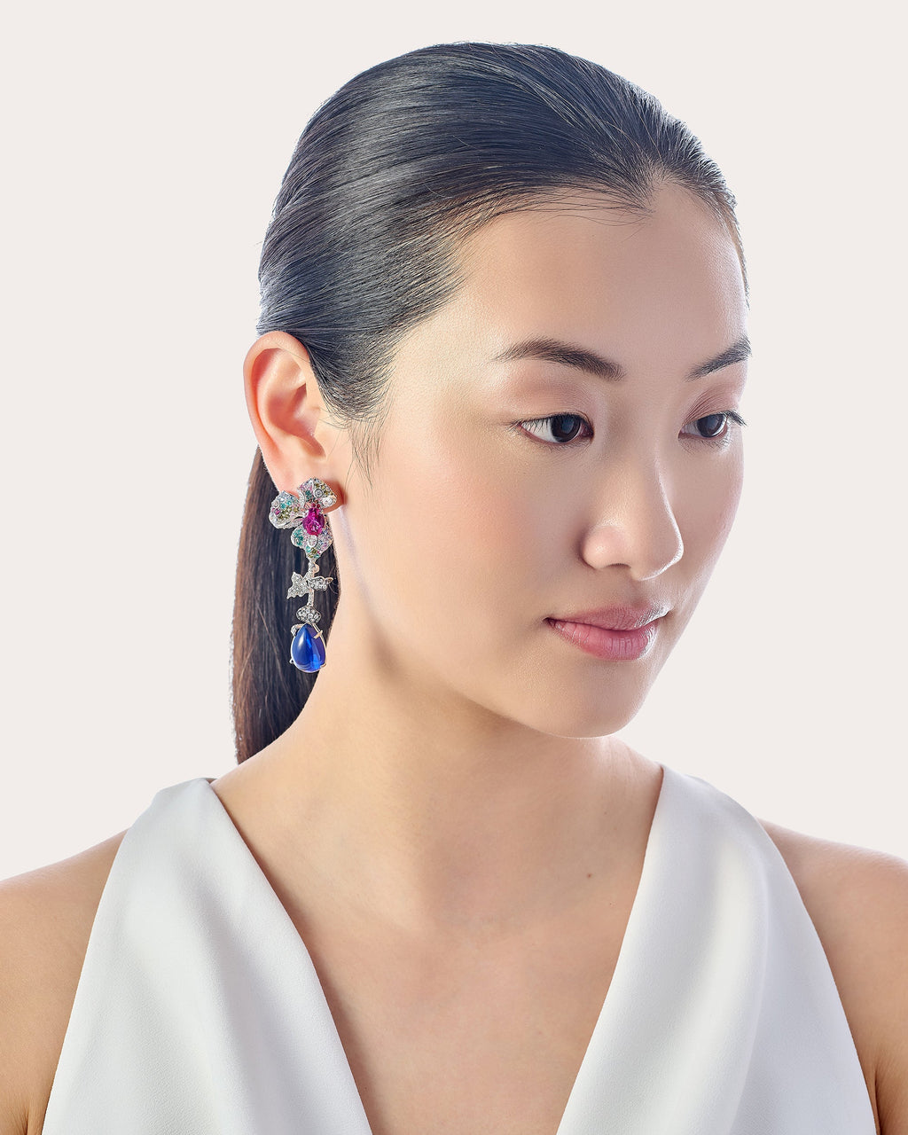 Diamond & Gemstone Magenta Orchid Drop Earrings