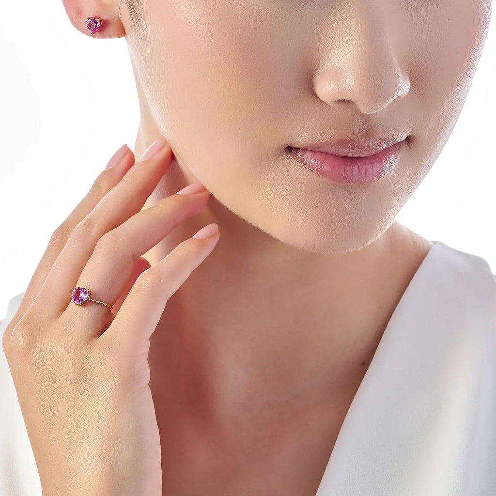 Pink Sapphire & 9k Gold Mini Heart Stud Earrings