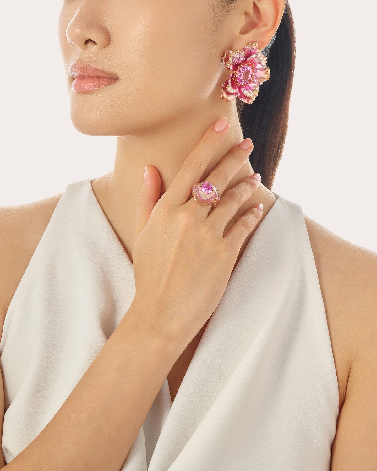 Pink Sapphire Peony Poppy Stud Earrings