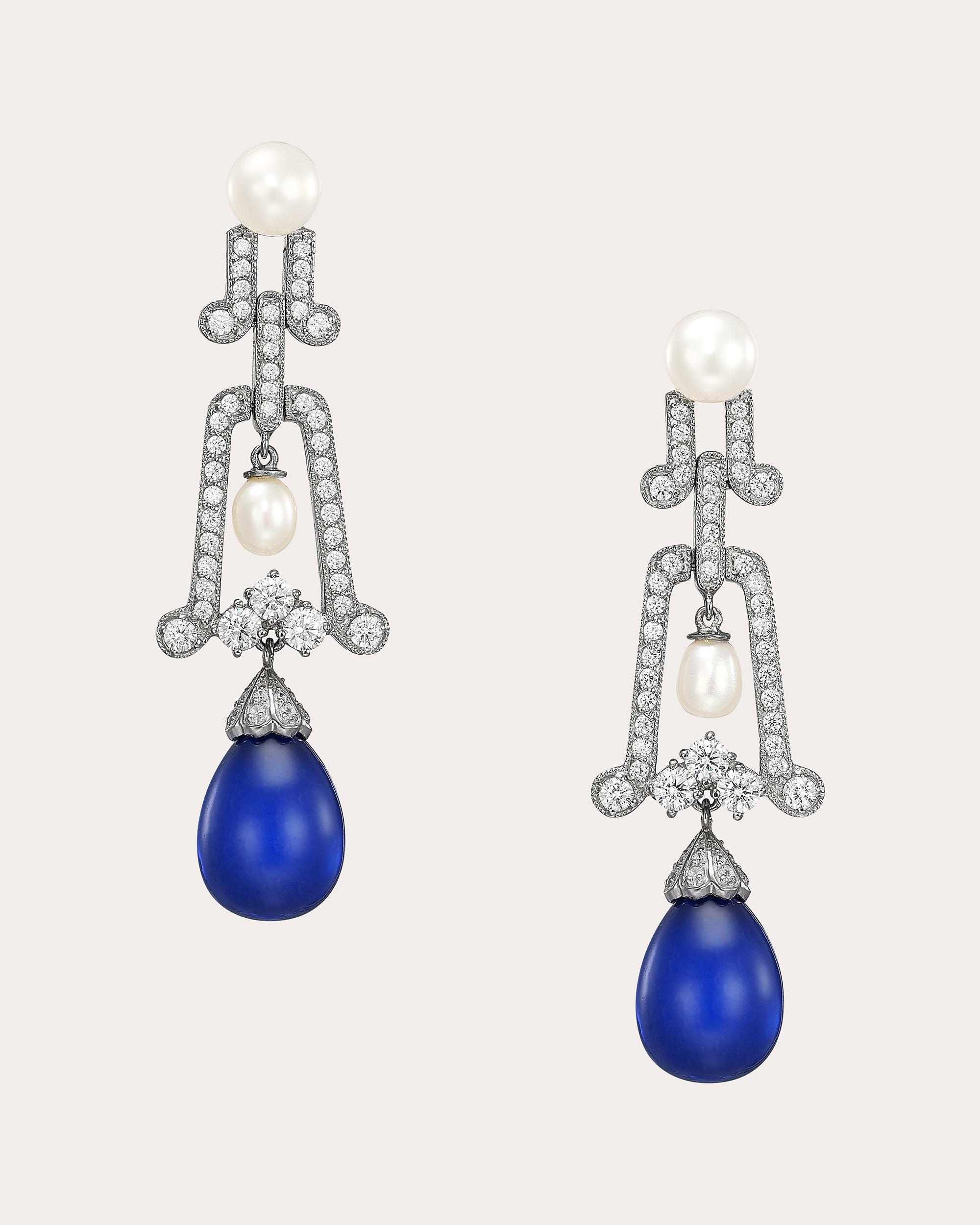 Diamond & Royal Sapphire Cabochon Moderne Drop Earrings