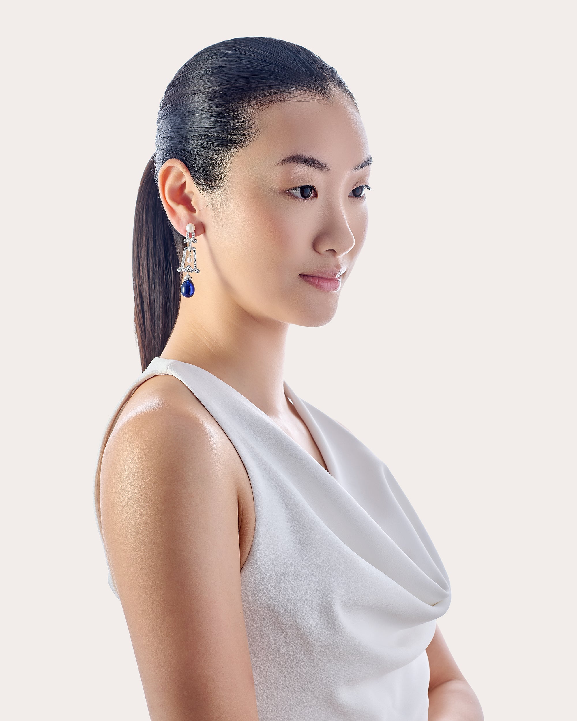 Diamond & Royal Sapphire Cabochon Moderne Drop Earrings