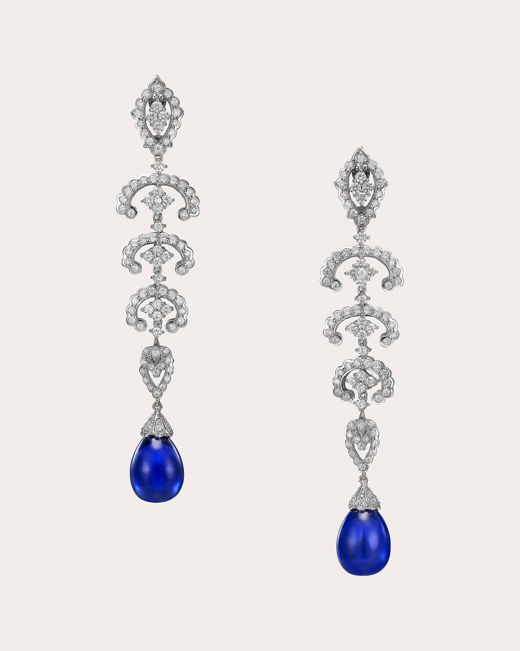 Diamond & Royal Blue Sapphire Scallop Lace Drop Earrings