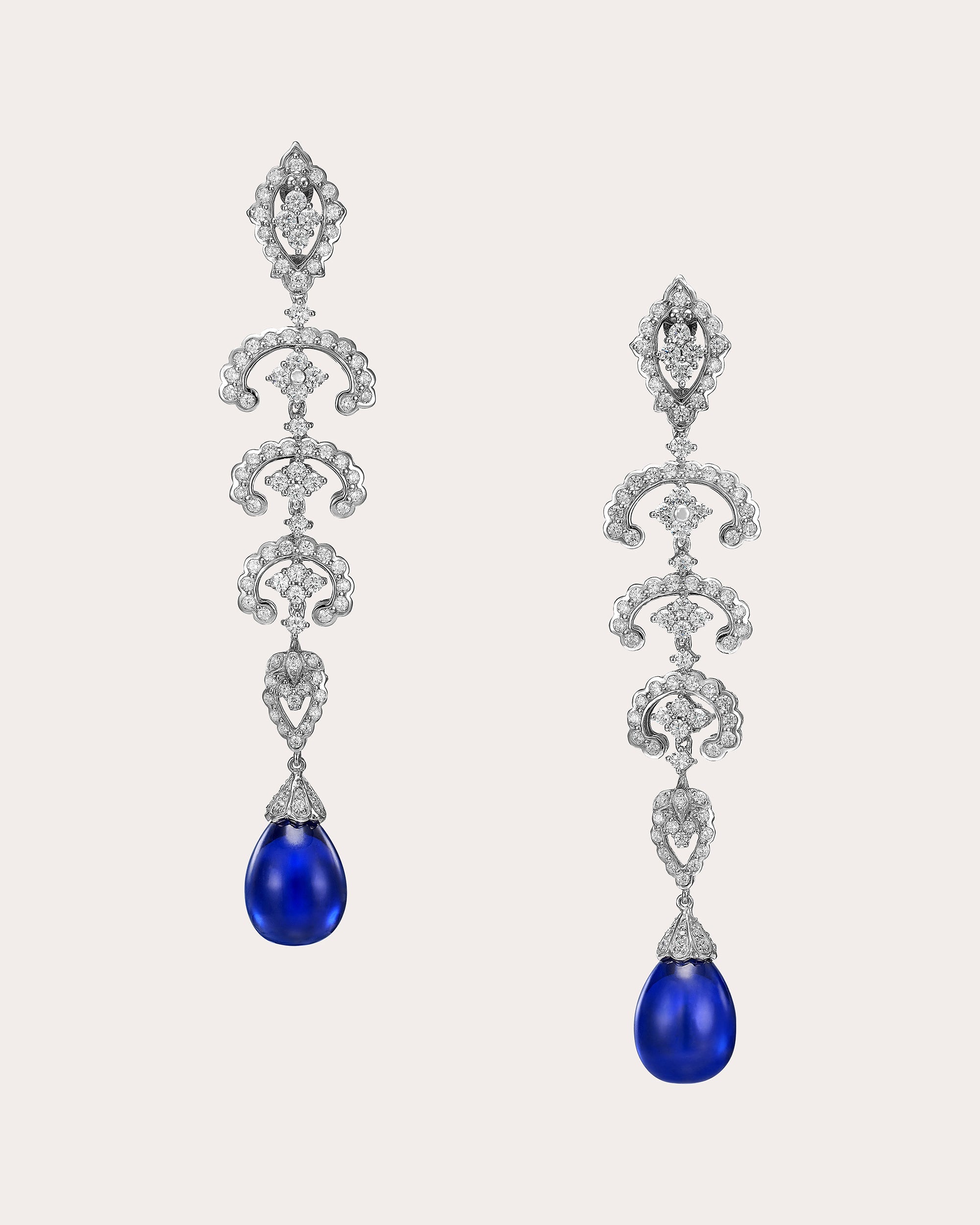 Diamond & Royal Blue Sapphire Scallop Lace Drop Earrings