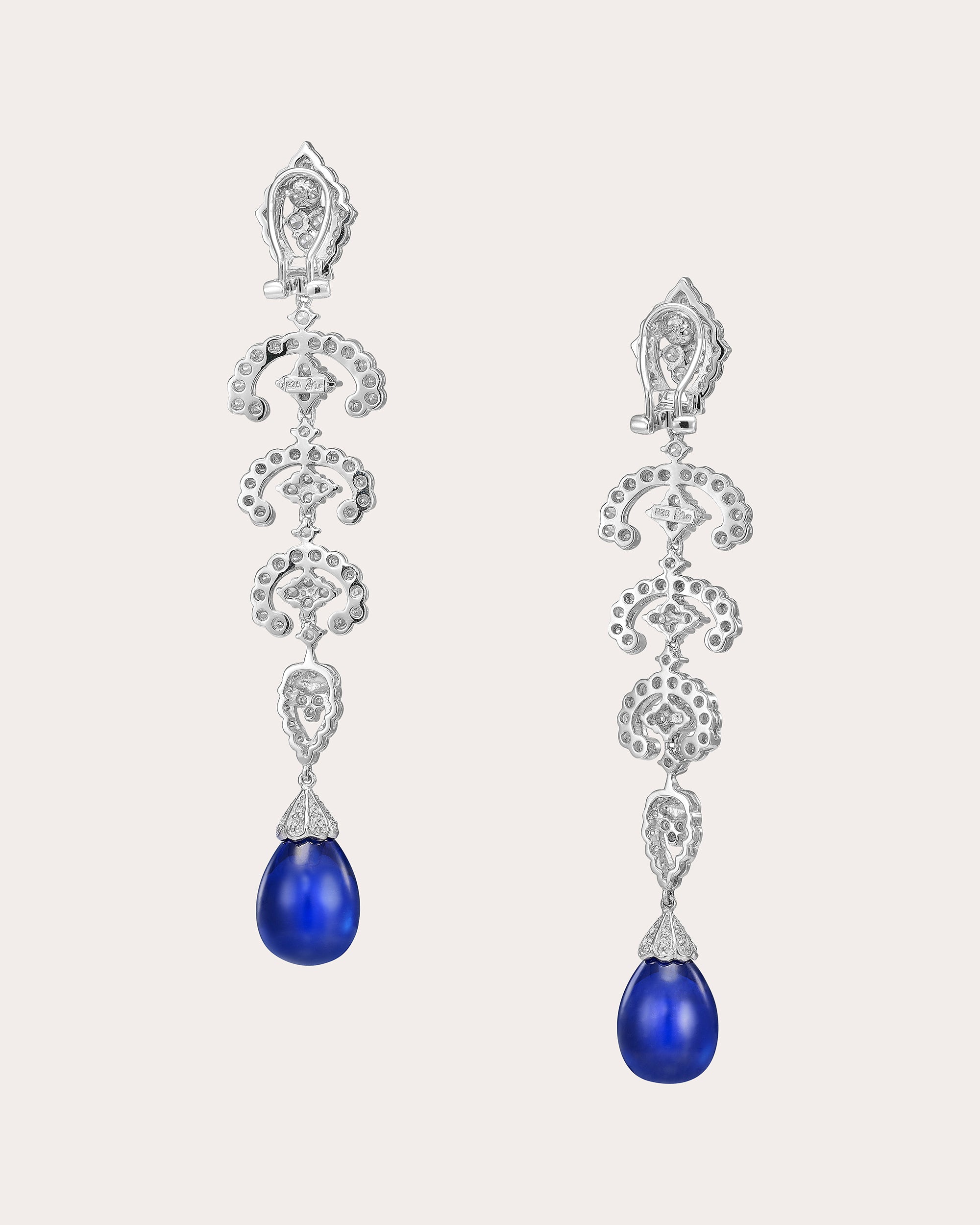 Diamond & Royal Blue Sapphire Scallop Lace Drop Earrings