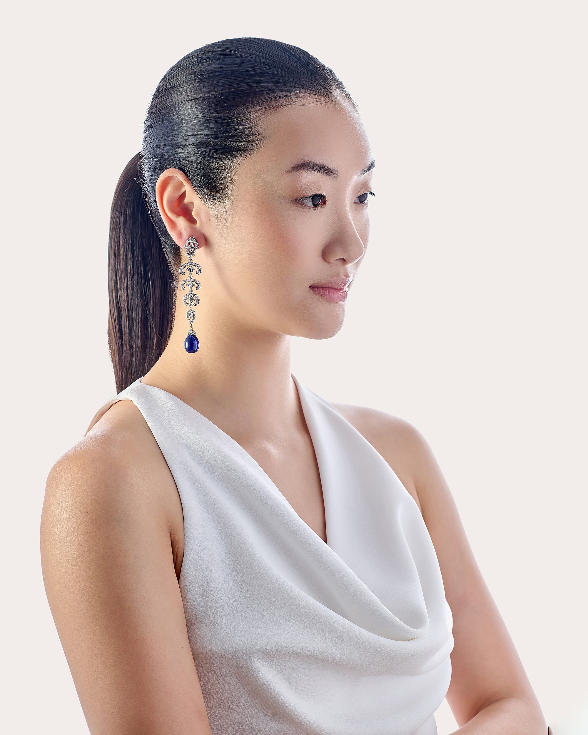 Diamond & Royal Blue Sapphire Scallop Lace Drop Earrings
