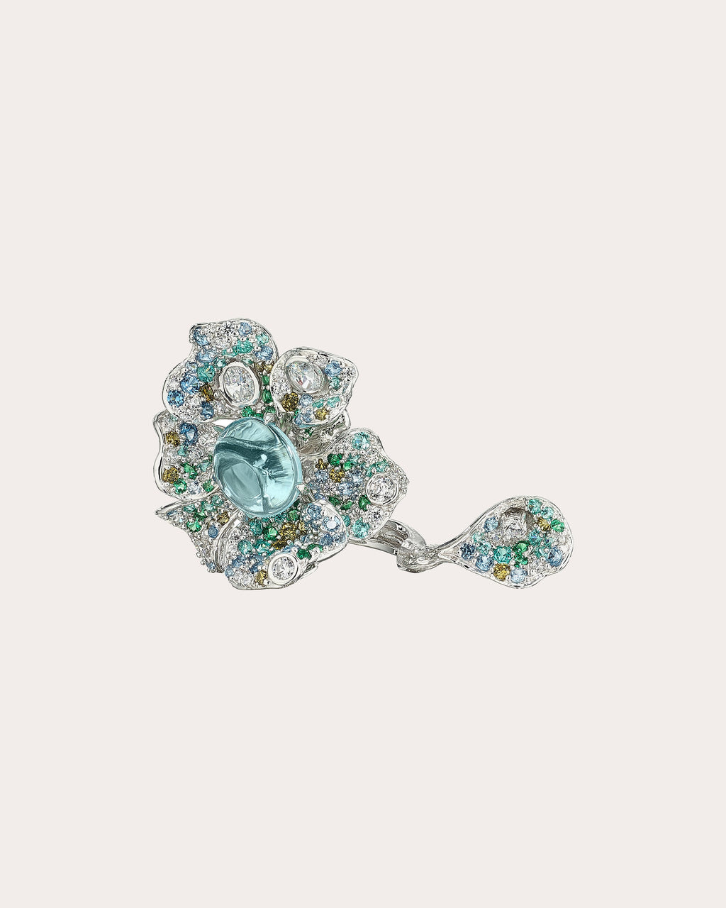 Diamond & Aquamarine Cabochon Peony Ring