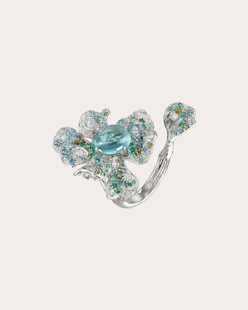 Diamond & Aquamarine Cabochon Peony Ring