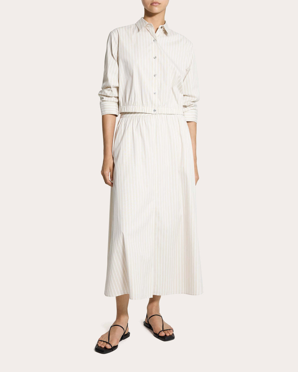 Stripe Cotton Scrunched Crop Button-Up