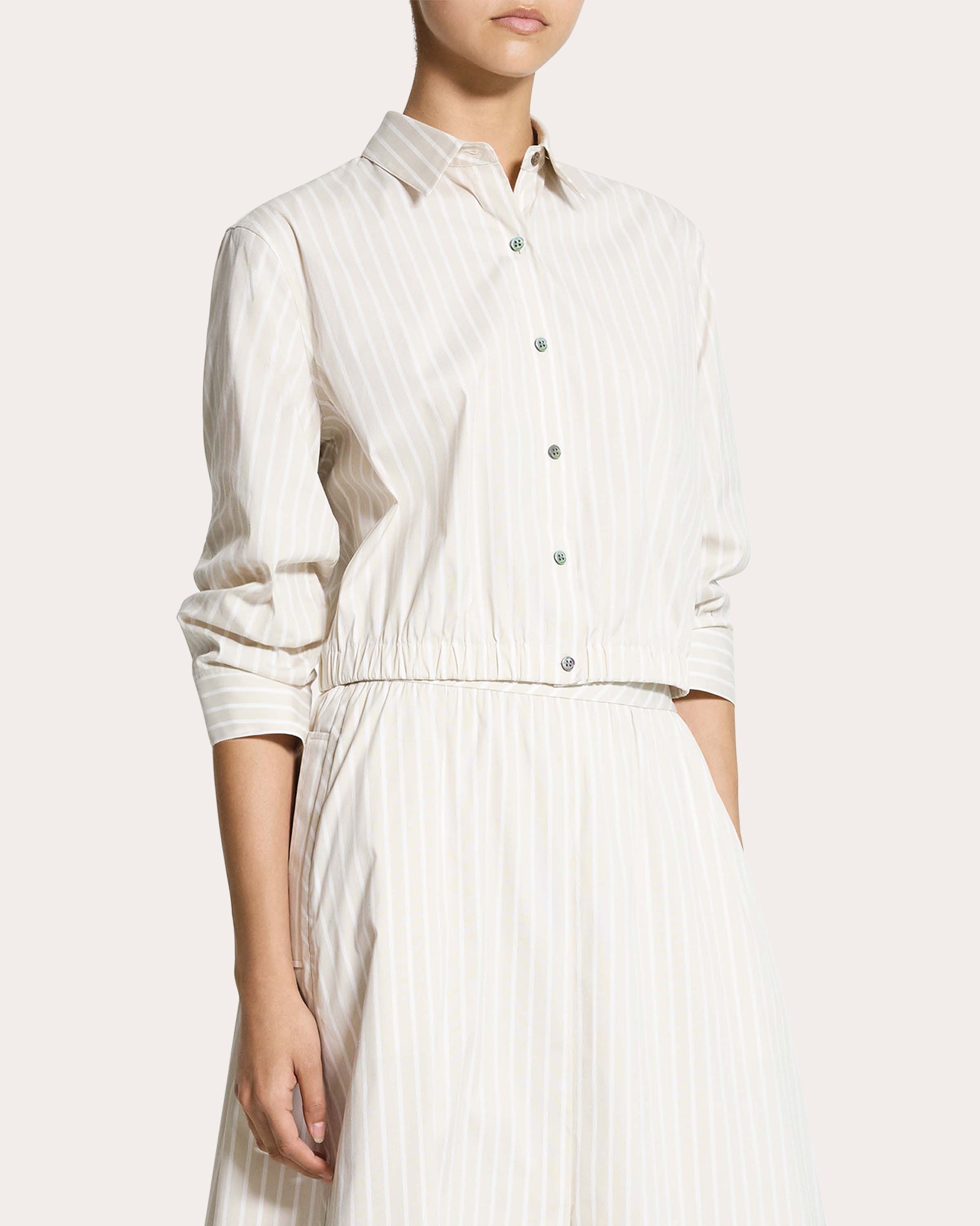 Stripe Cotton Scrunched Crop Button-Up