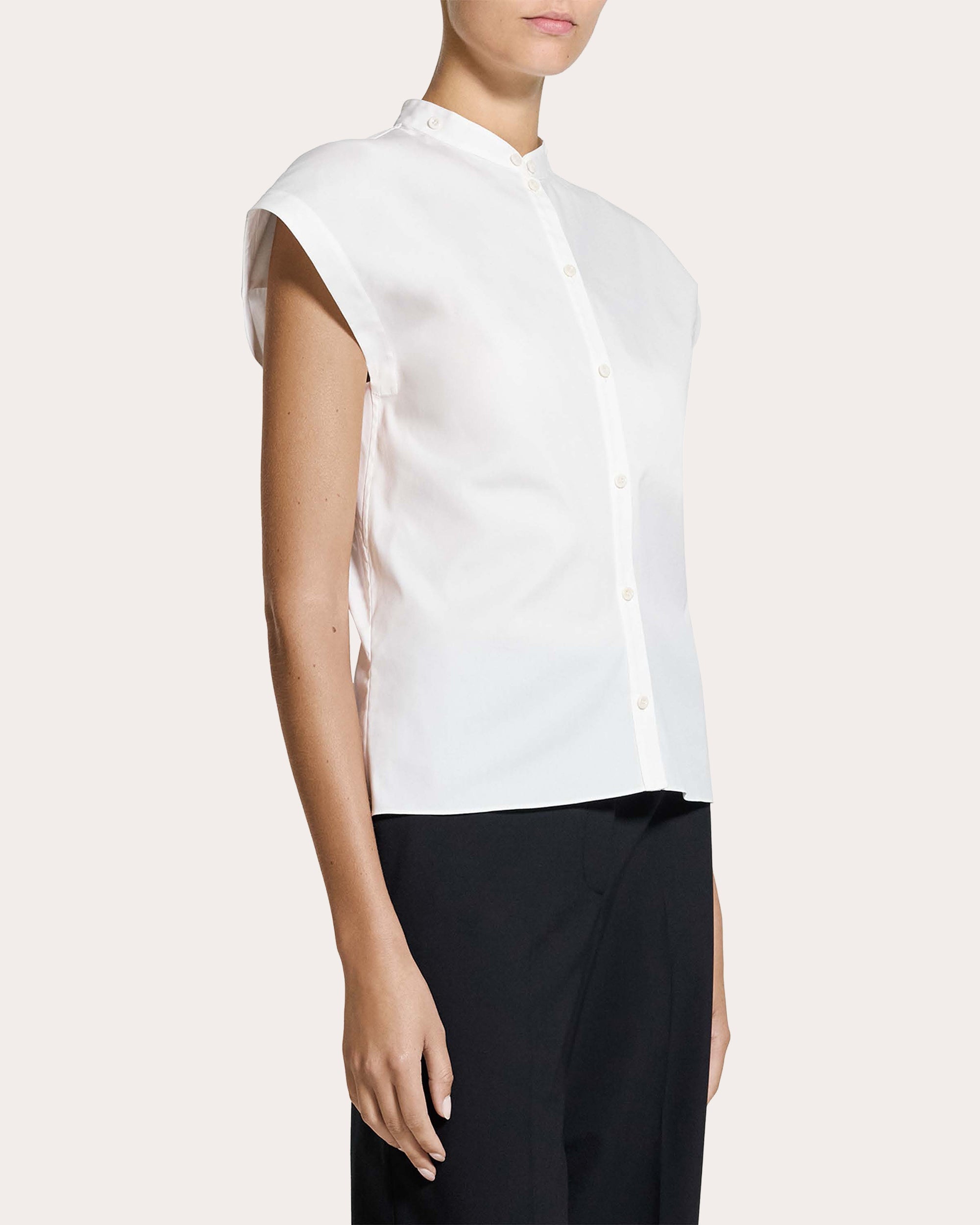 Cotton Poplin Cap-Sleeve Button-Up