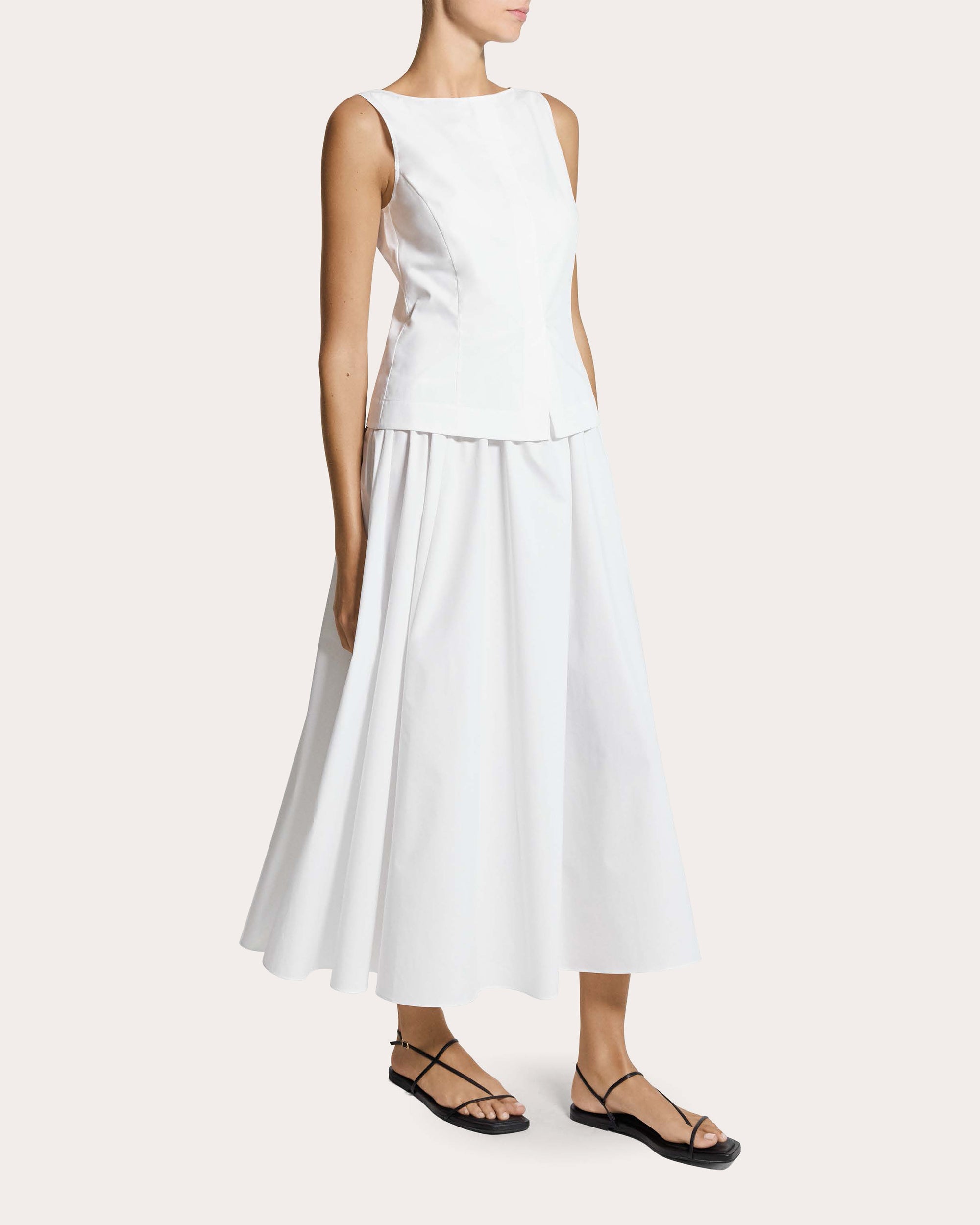 Cotton Poplin Pleated Boatneck Vest Dress