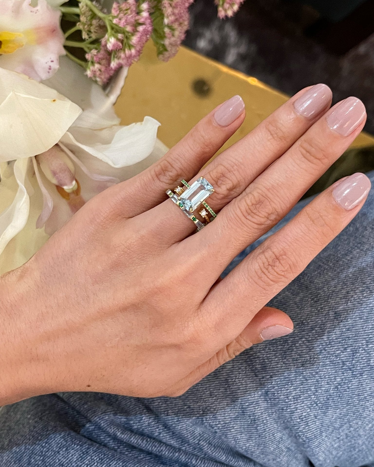 Aquamarine & Emerald Spring Infinity Ring