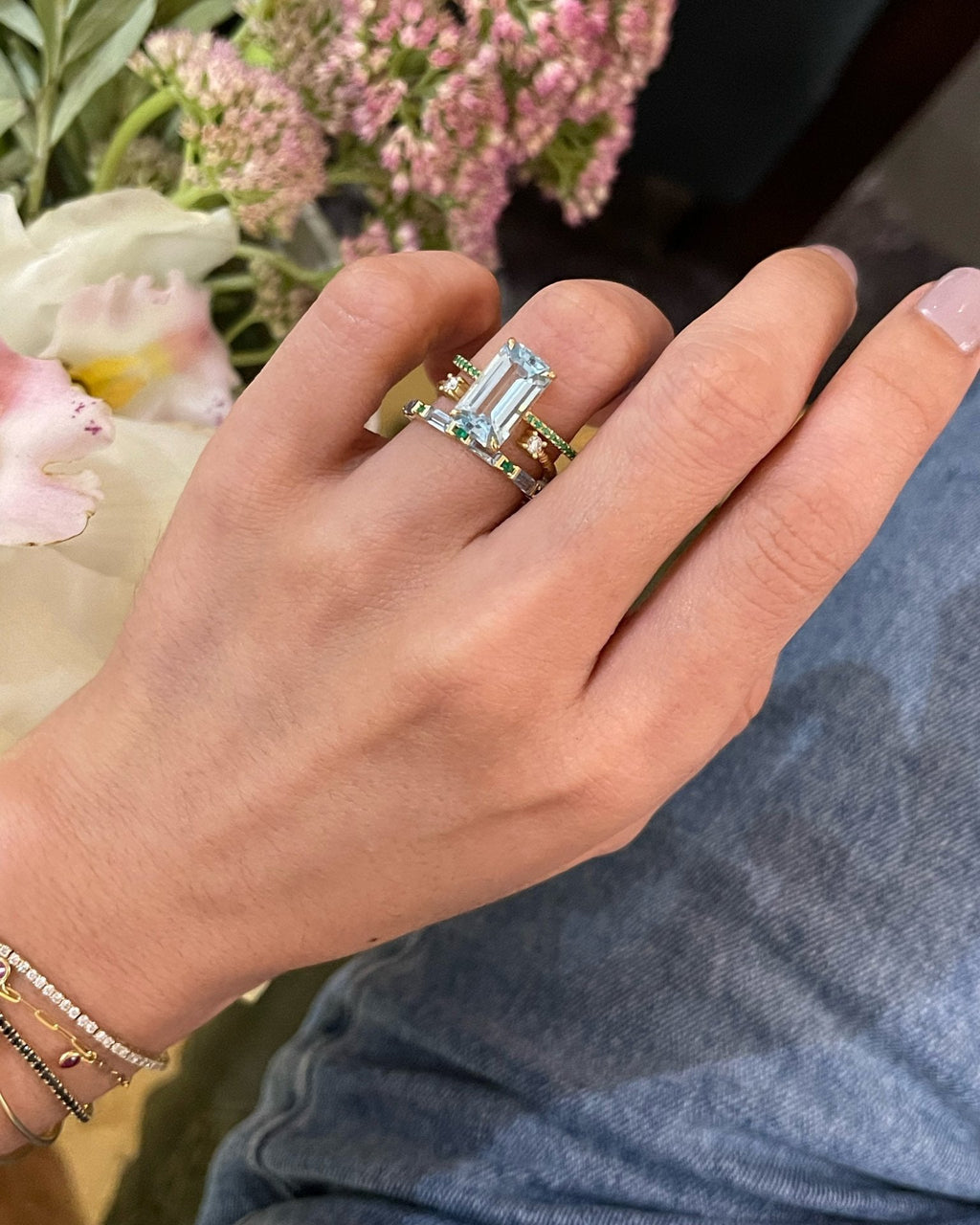 Aquamarine & Emerald Spring Infinity Ring