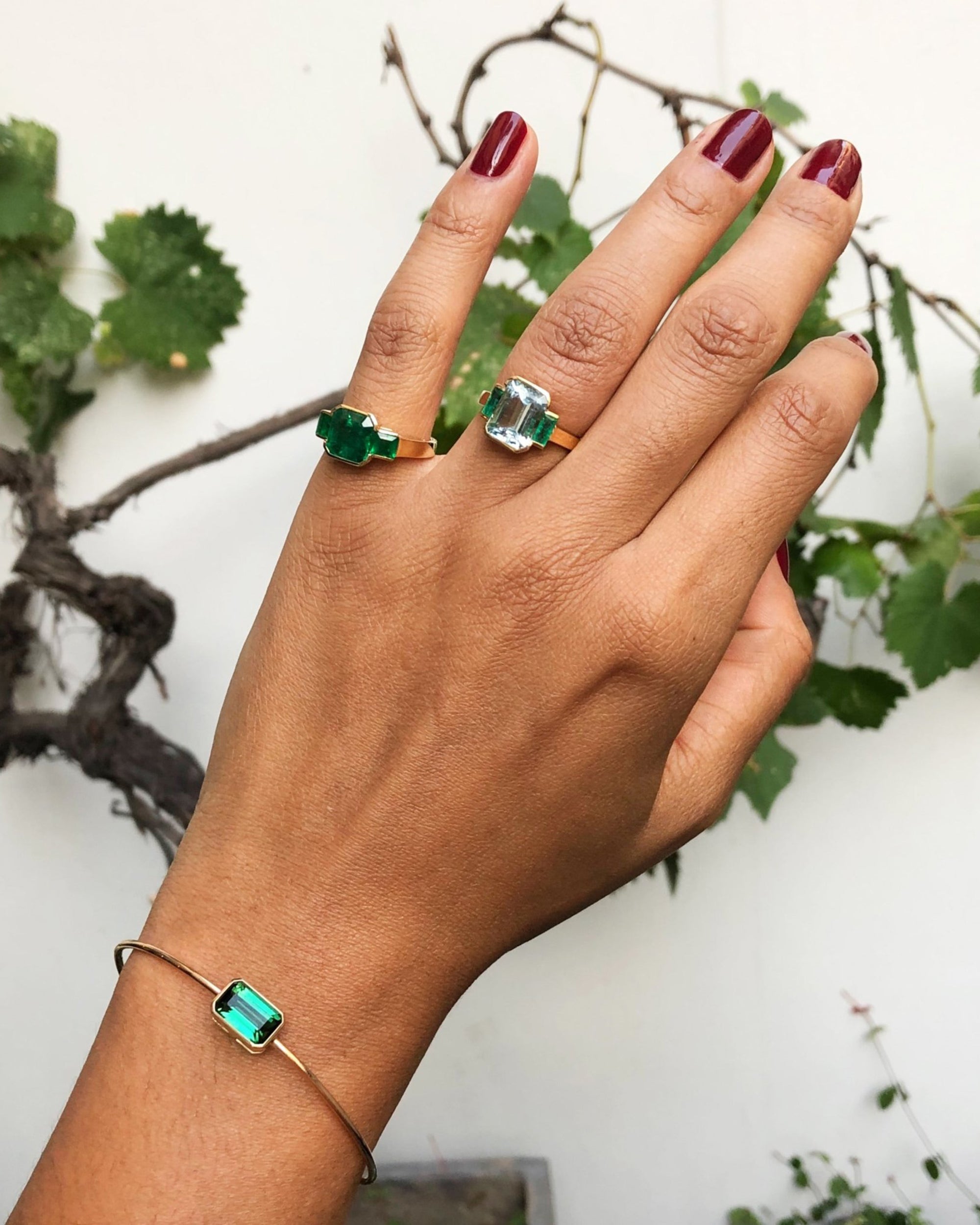 Aquamarine & Emerald Deco Spring Ring