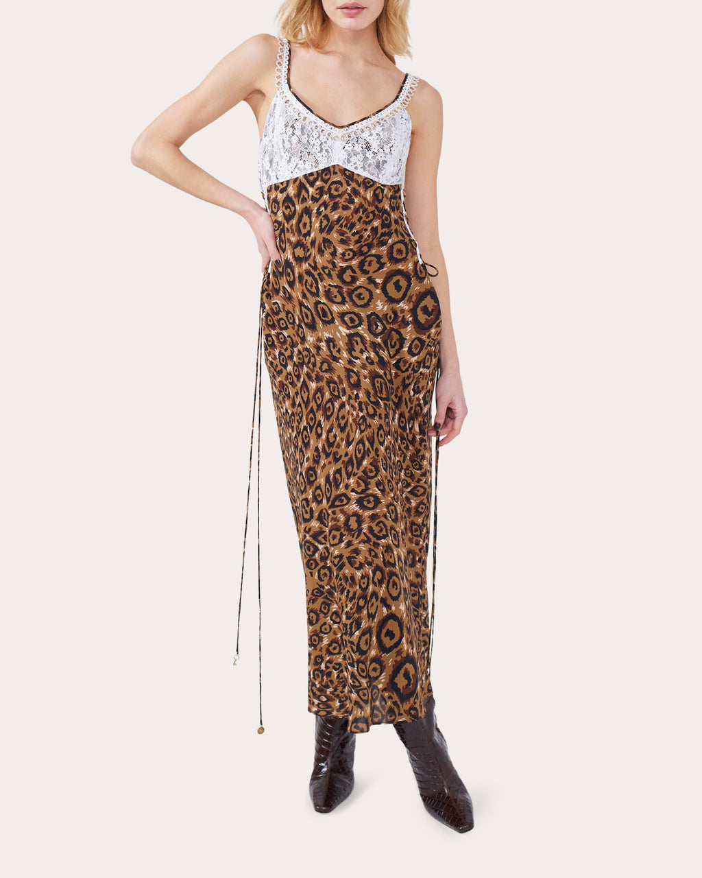 Arizona Printed Silk-Satin and Lace Midi Dress
