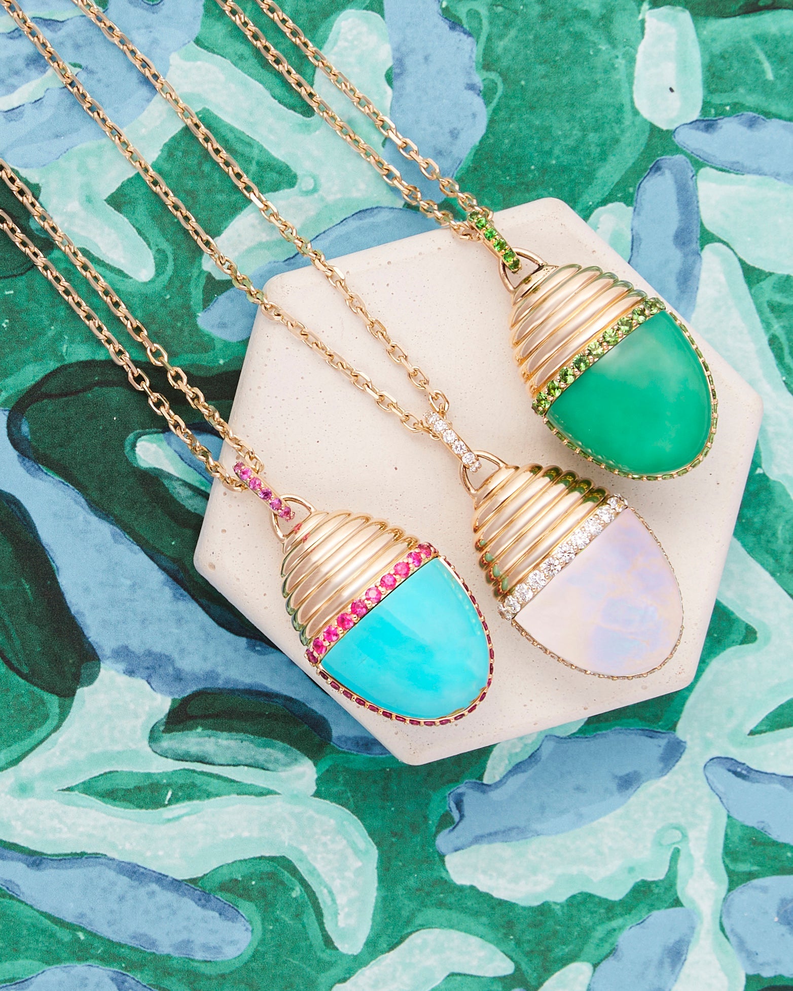 Pink Sapphire & Turquoise 14k Gold Found Cap Large Pendant Necklace