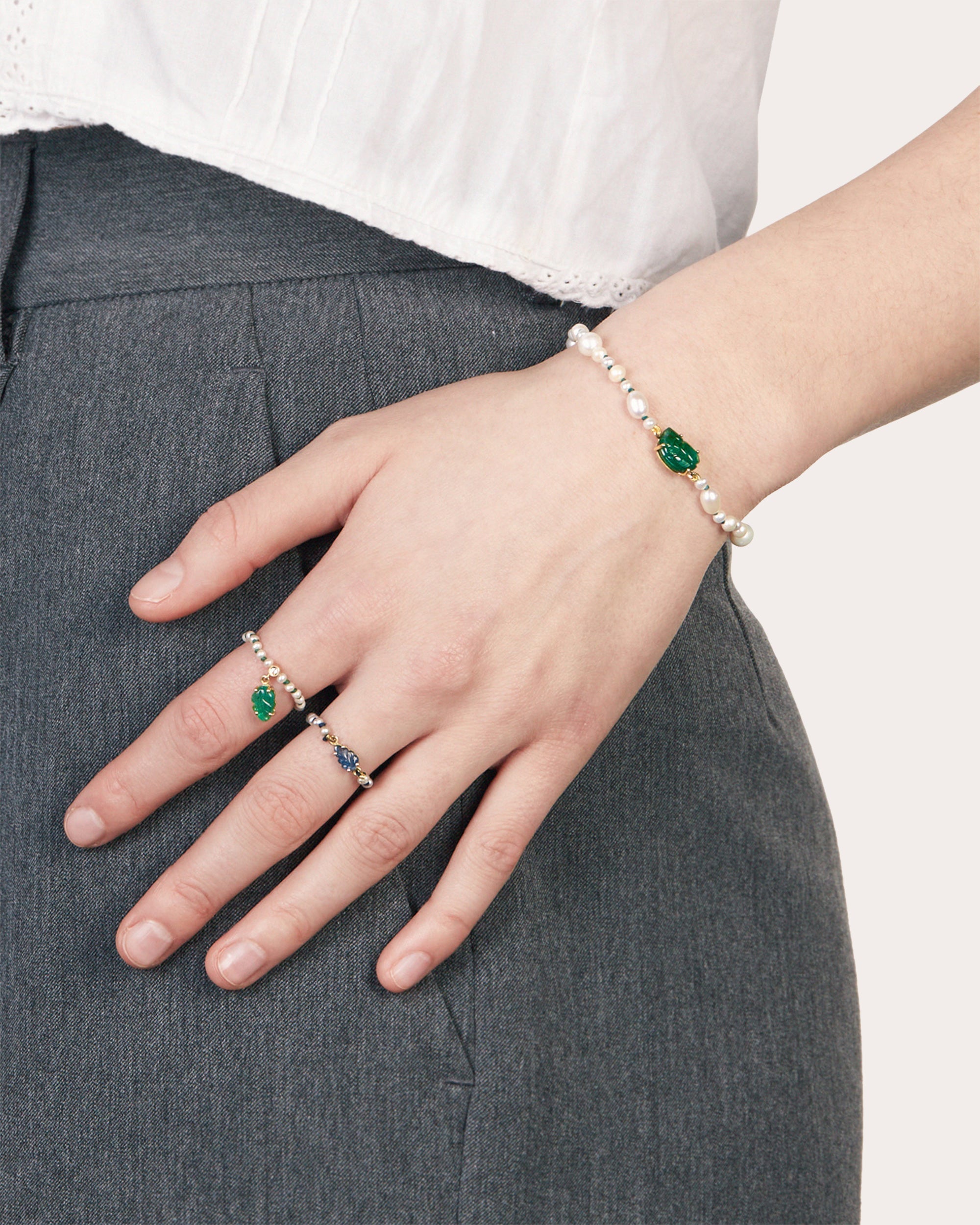 Muna 18K Gold Pearl Emerald and Diamond Bracelet