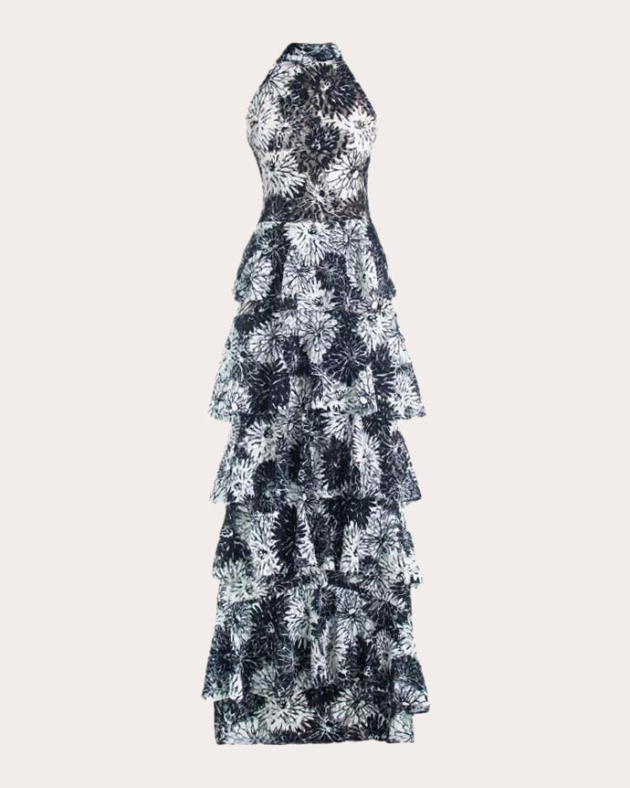 Kei Embroidered Floral Lace Tiered Gown