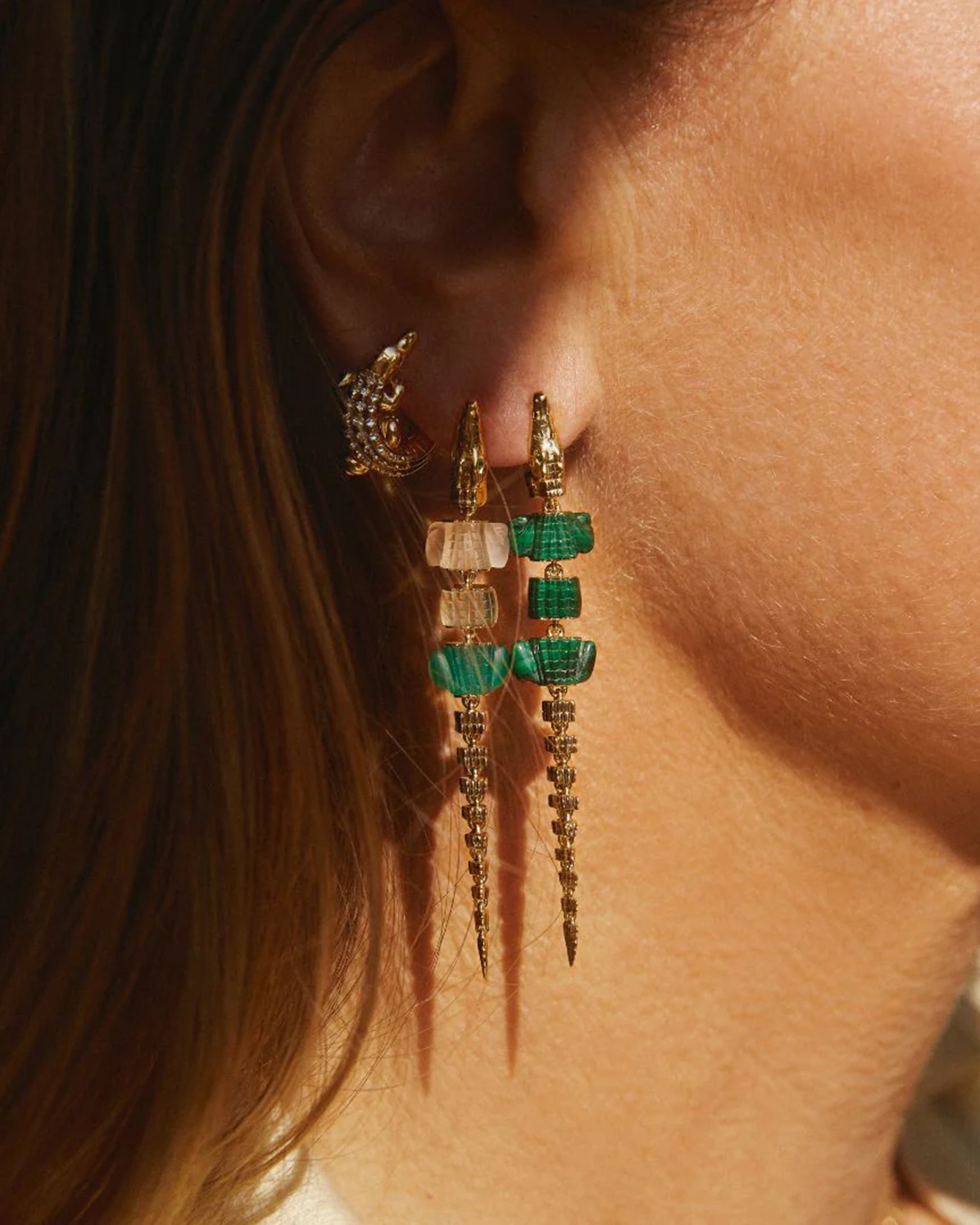 Malachite & Diamond Alligator Vertebrae Drop Earring