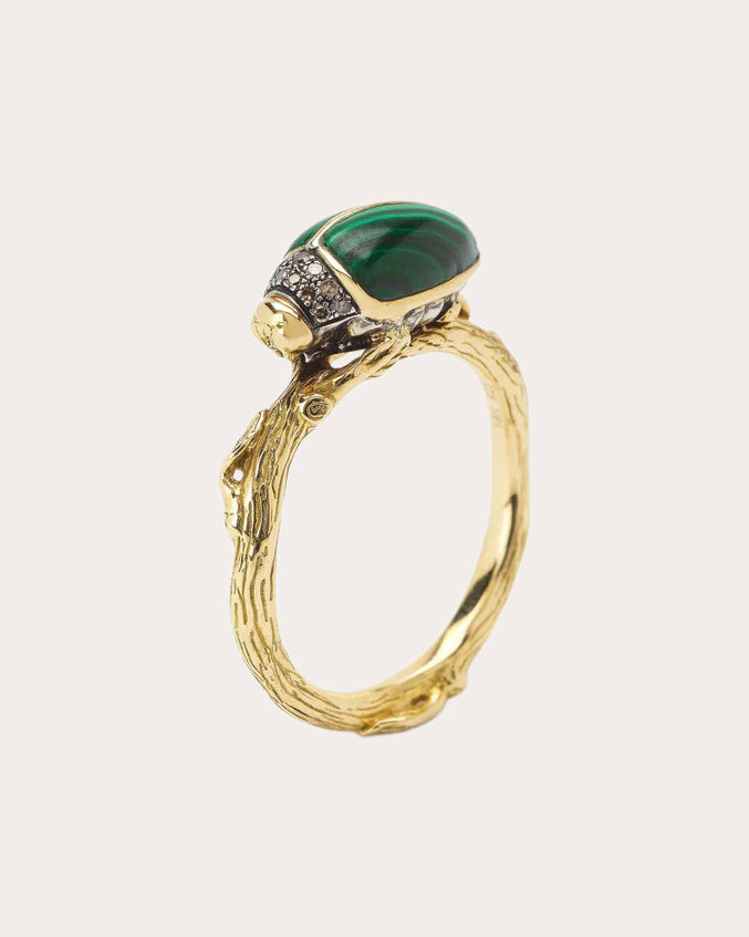 Malachite & Brown Diamond 18k Gold Scarab Ring
