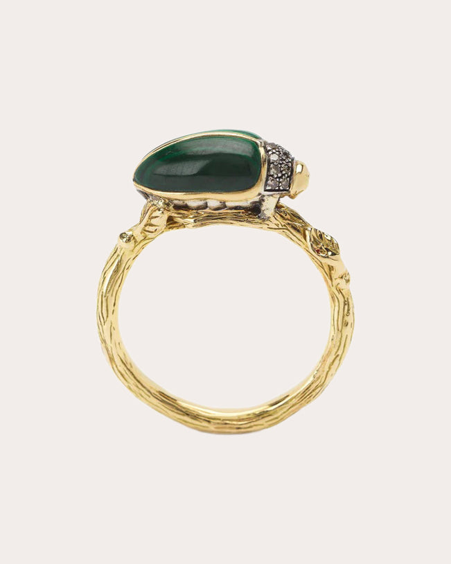 Malachite & Brown Diamond 18k Gold Scarab Ring