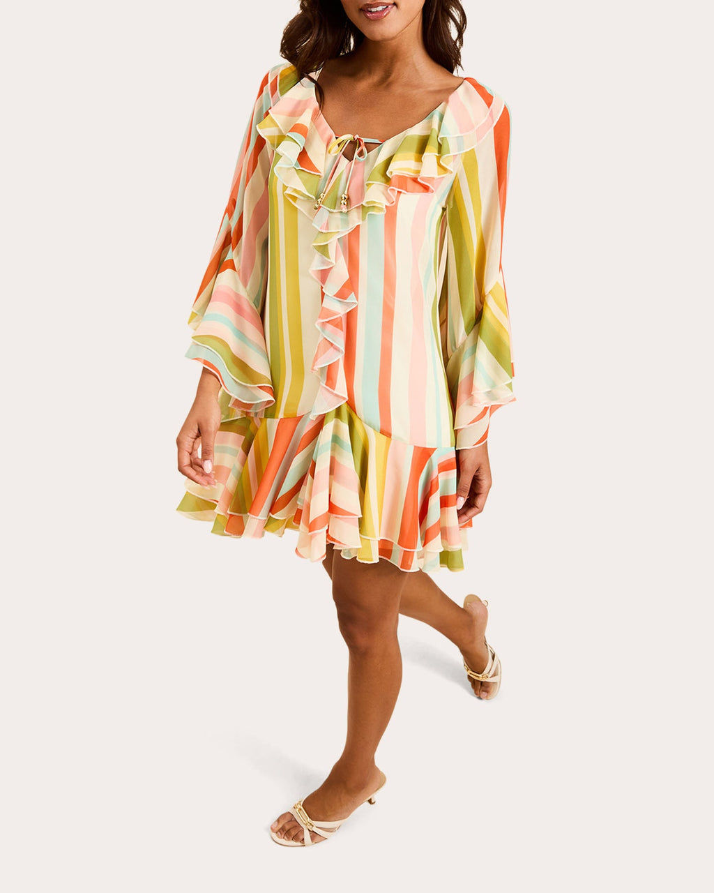 Bimini Stripe Chiffon Ruffle Kaftan Mini Dress