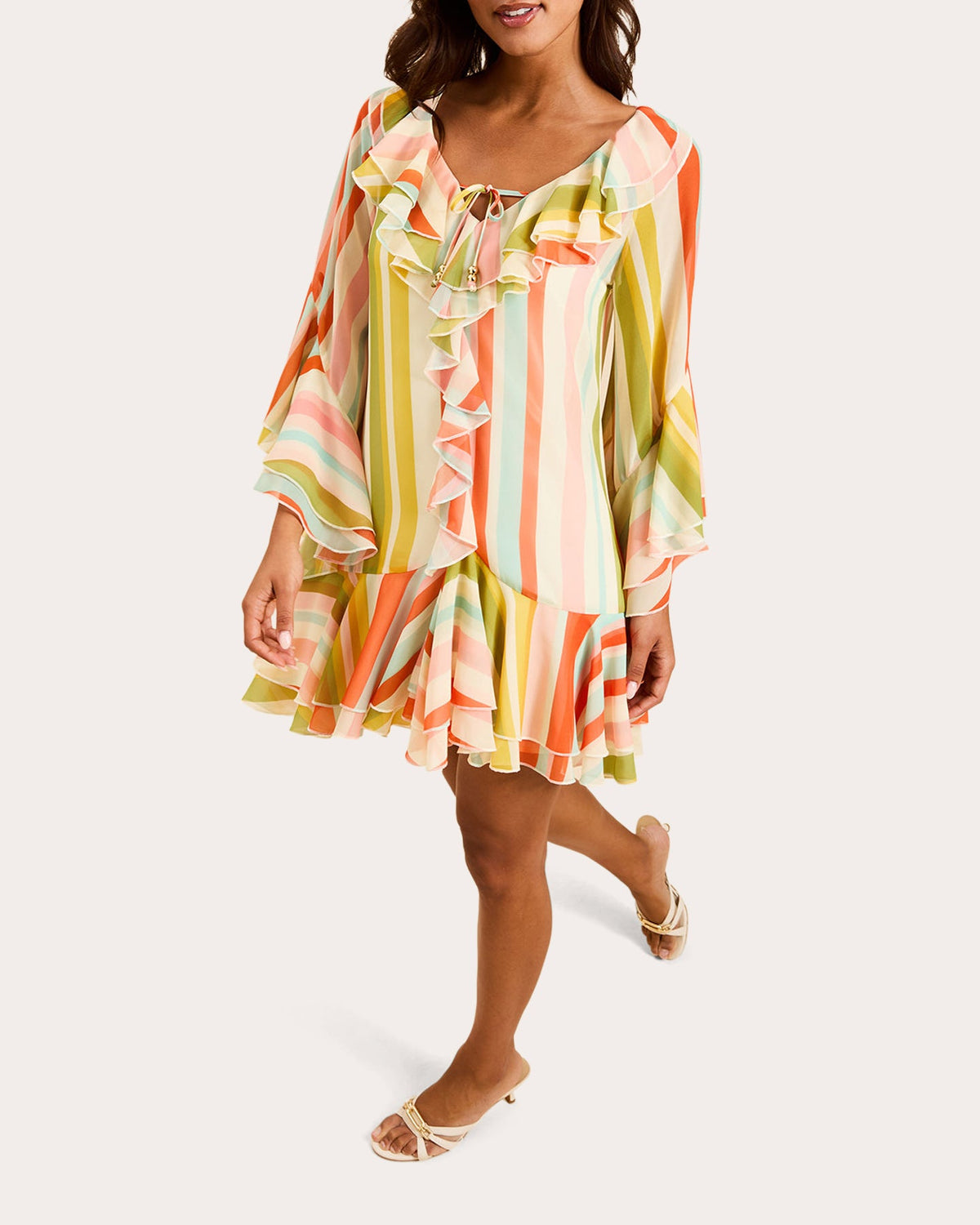 Bimini Stripe Chiffon Ruffle Kaftan Mini Dress