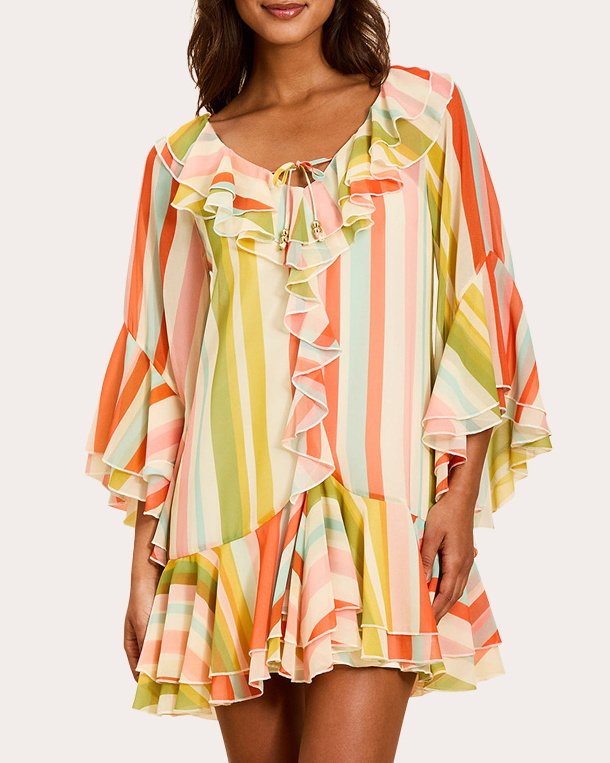 Bimini Stripe Chiffon Ruffle Kaftan Mini Dress