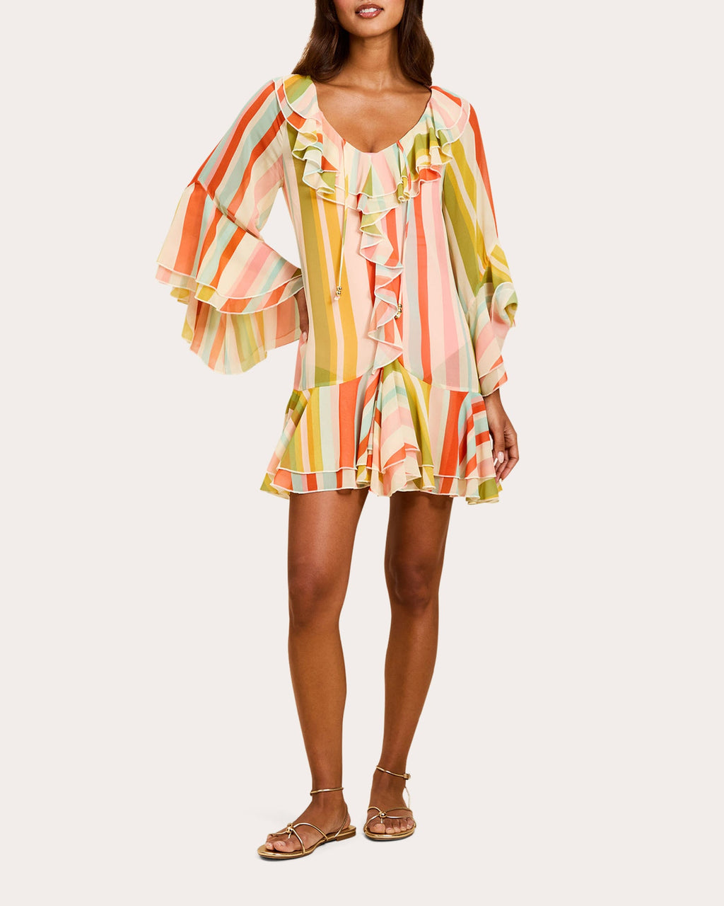 Bimini Stripe Chiffon Ruffle Kaftan Mini Dress