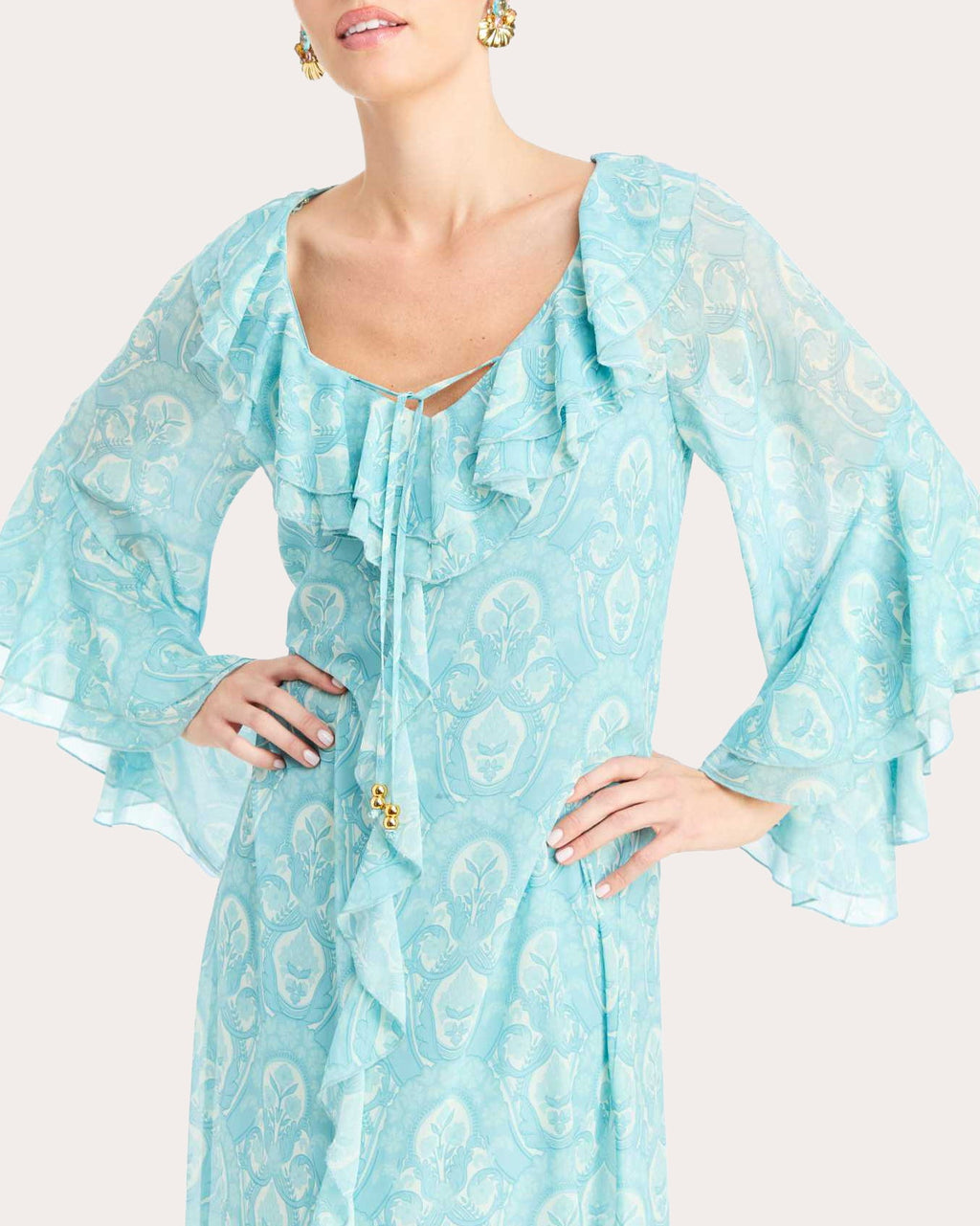 Bimini Trellis Chiffon Ruffle Kaftan Midi Dress