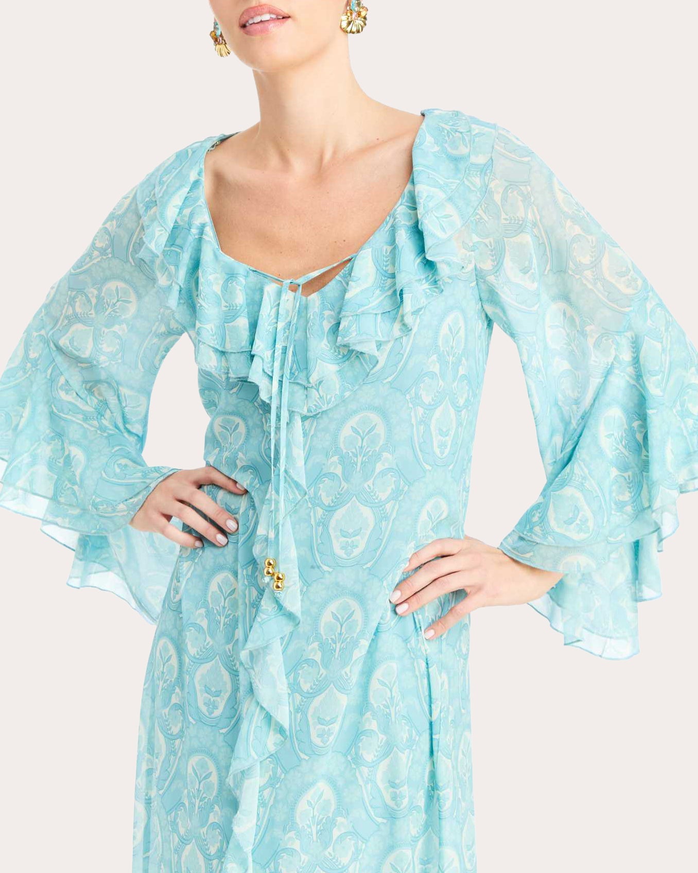 Bimini Trellis Chiffon Ruffle Kaftan Midi Dress