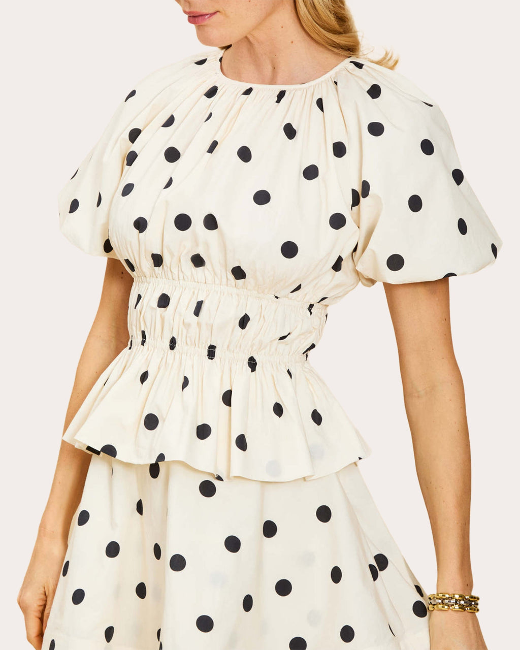Breakfast Polka Dot Poplin Shirred Peplum Top