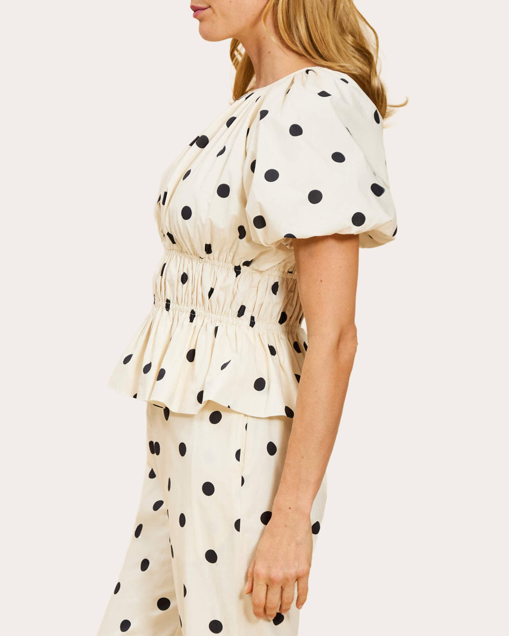 Breakfast Polka Dot Poplin Shirred Peplum Top