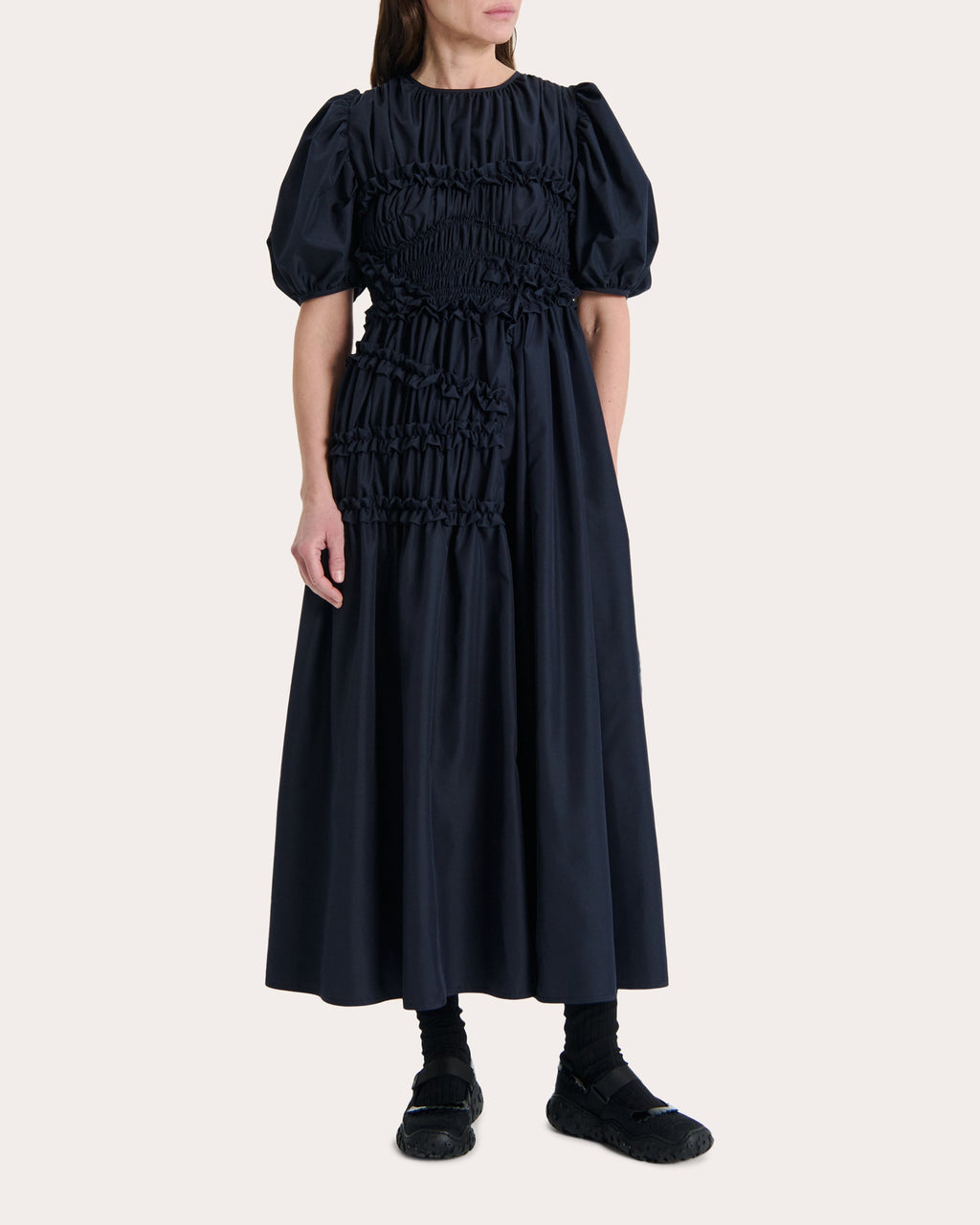 Omara Smocked Faille Midi Dress