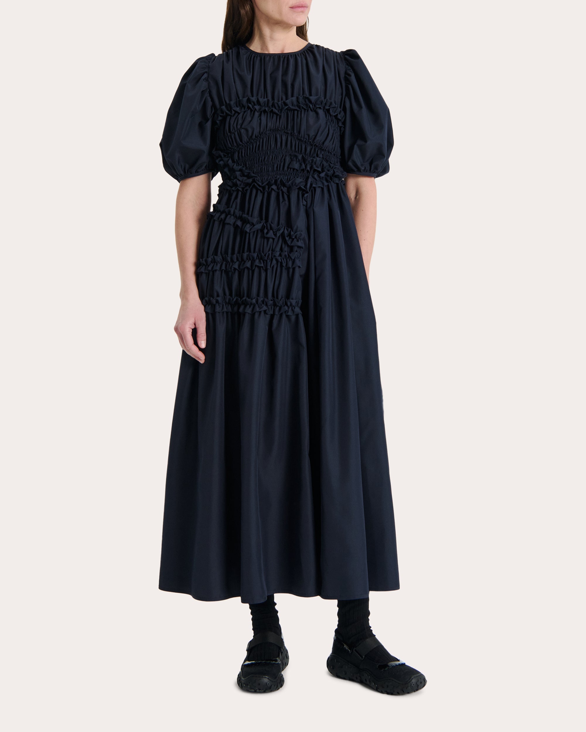 Omara Smocked Faille Midi Dress