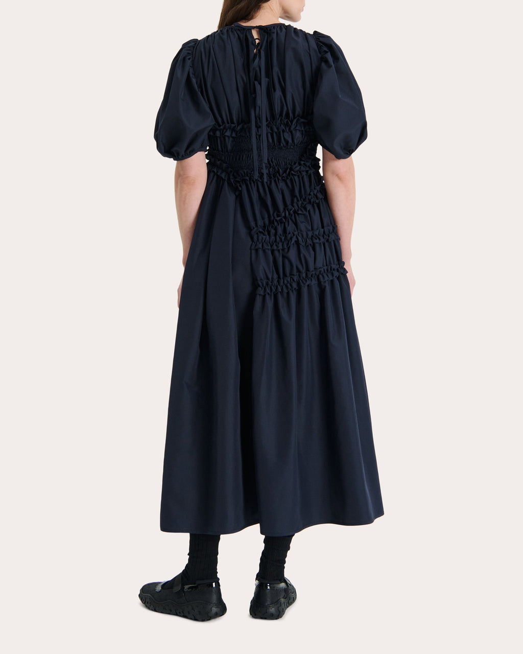 Omara Smocked Faille Midi Dress
