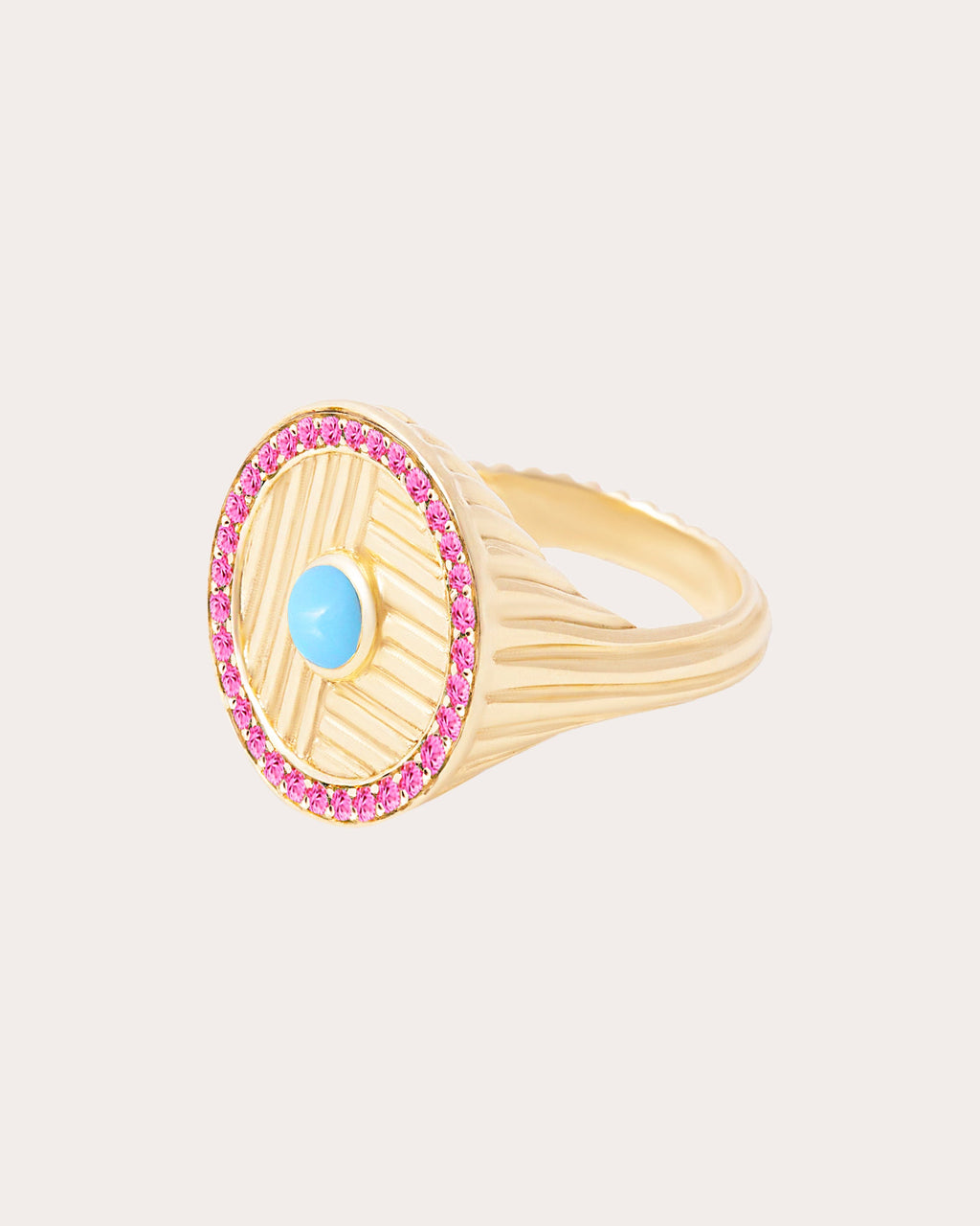 Pink Sapphire & Turquoise Found Ribbed Ring