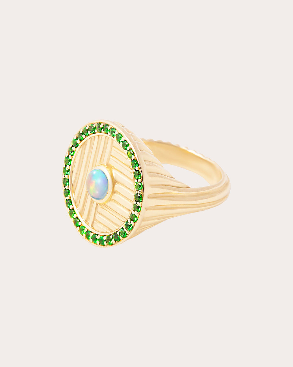 Opal & Tsavorite 14k Gold Found Ribbed Ring