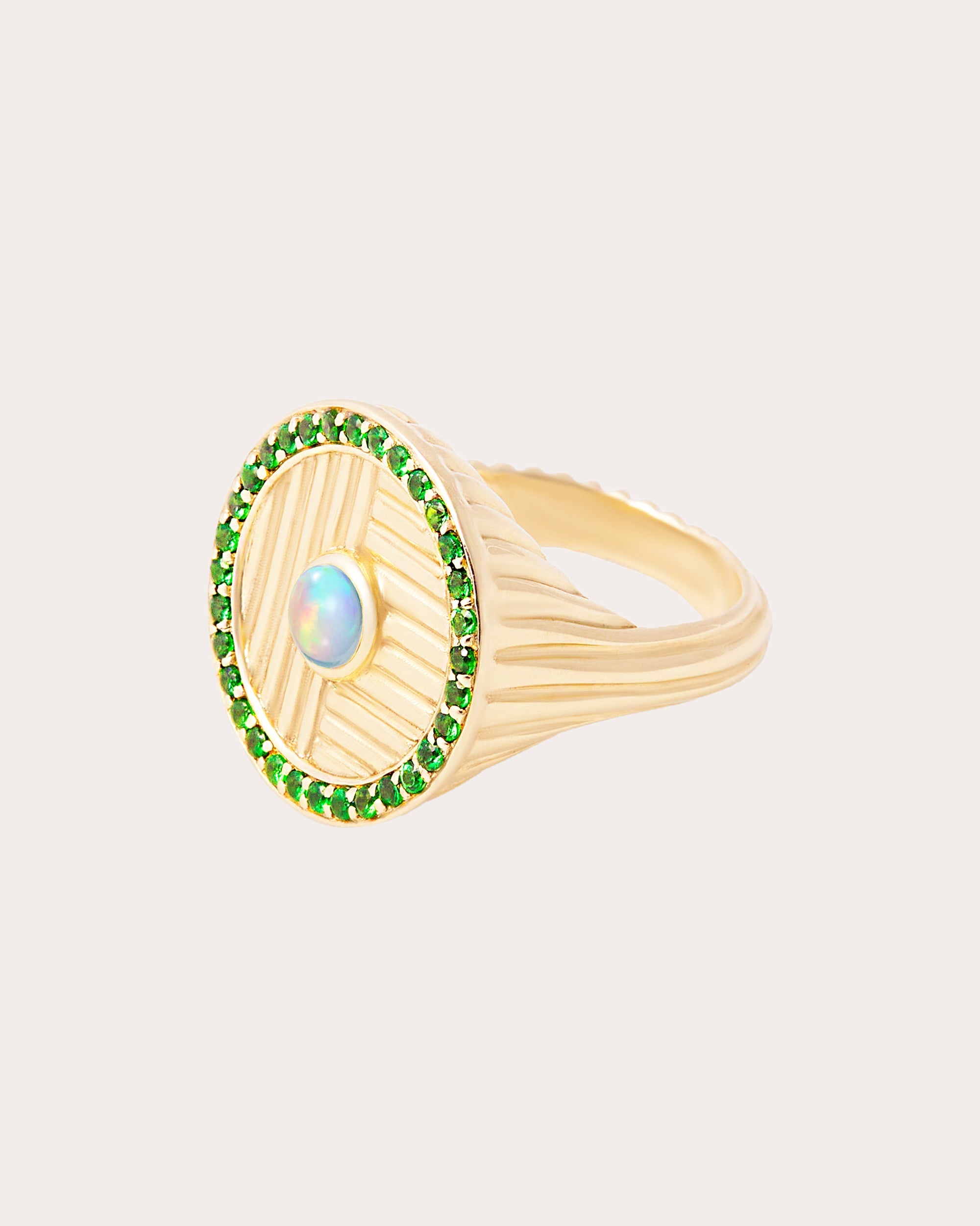 Opal & Tsavorite 14k Gold Found Ribbed Ring
