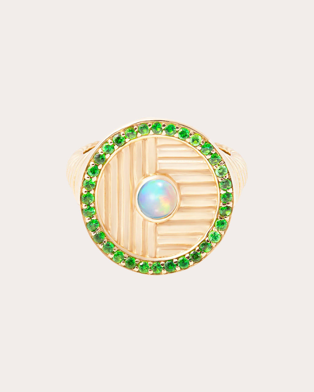 Opal & Tsavorite 14k Gold Found Ribbed Ring