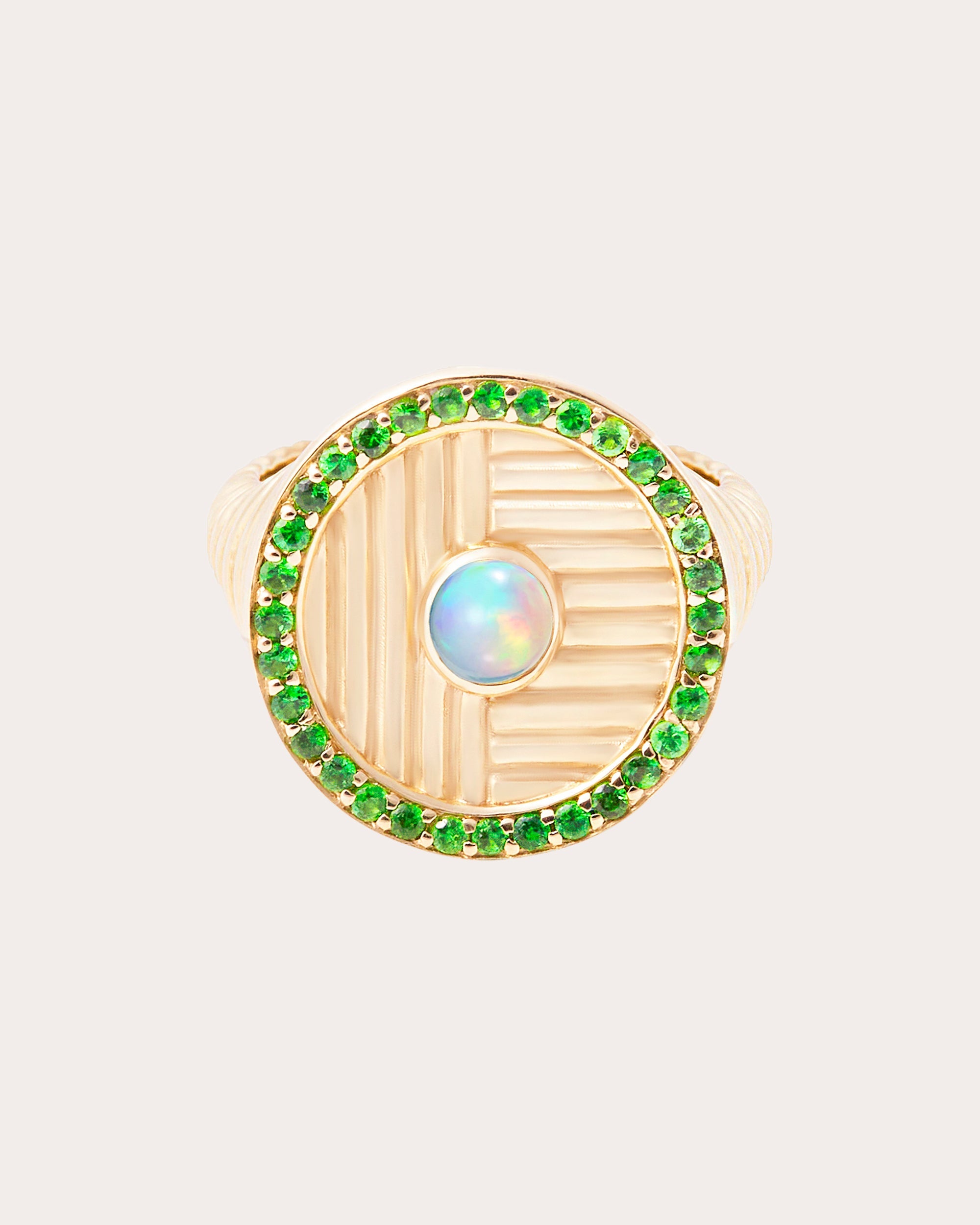 Opal & Tsavorite 14k Gold Found Ribbed Ring