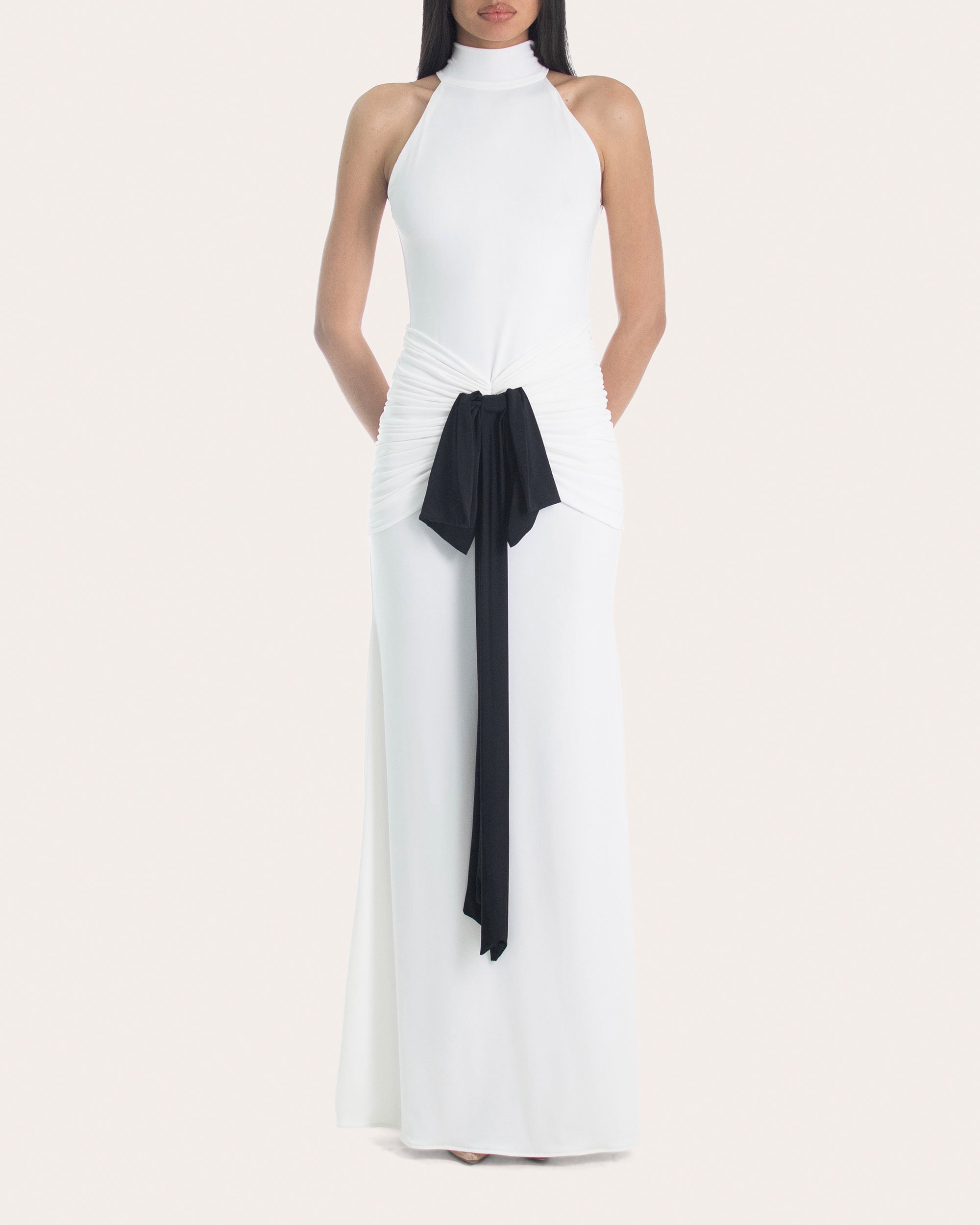 Sael Gathered Bow Mock Neck Gown