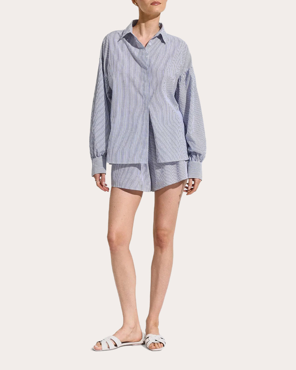 Cloud Stripe Seersucker Puff-Sleeve Shirt