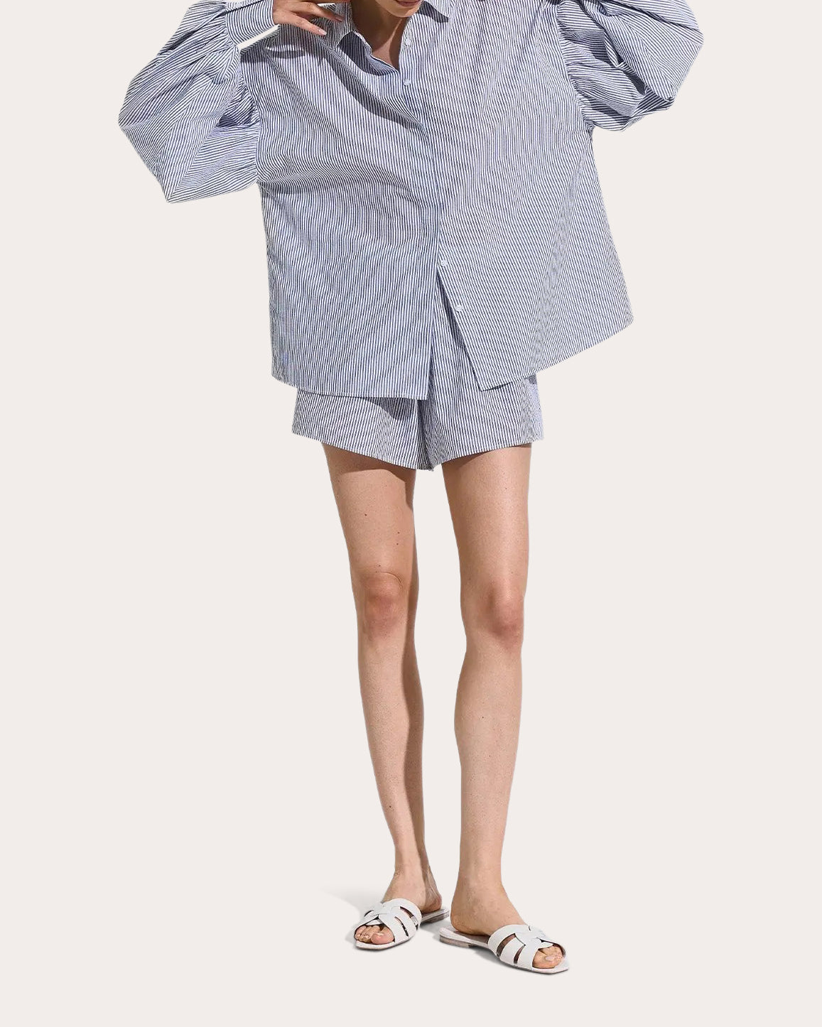 Cloud Stripe Seersucker Puff-Sleeve Shirt