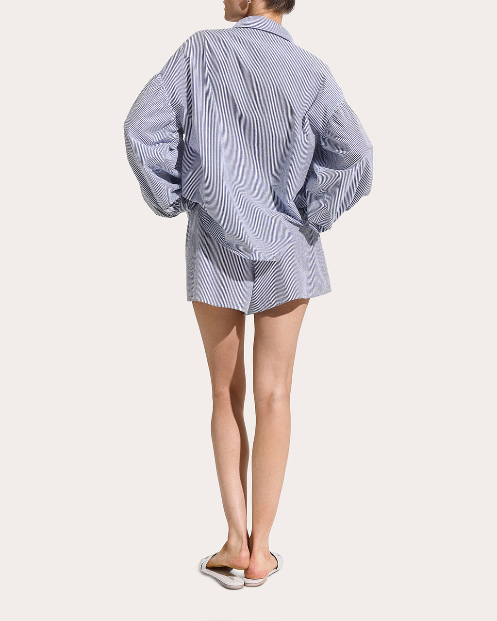 Cloud Stripe Seersucker Puff-Sleeve Shirt